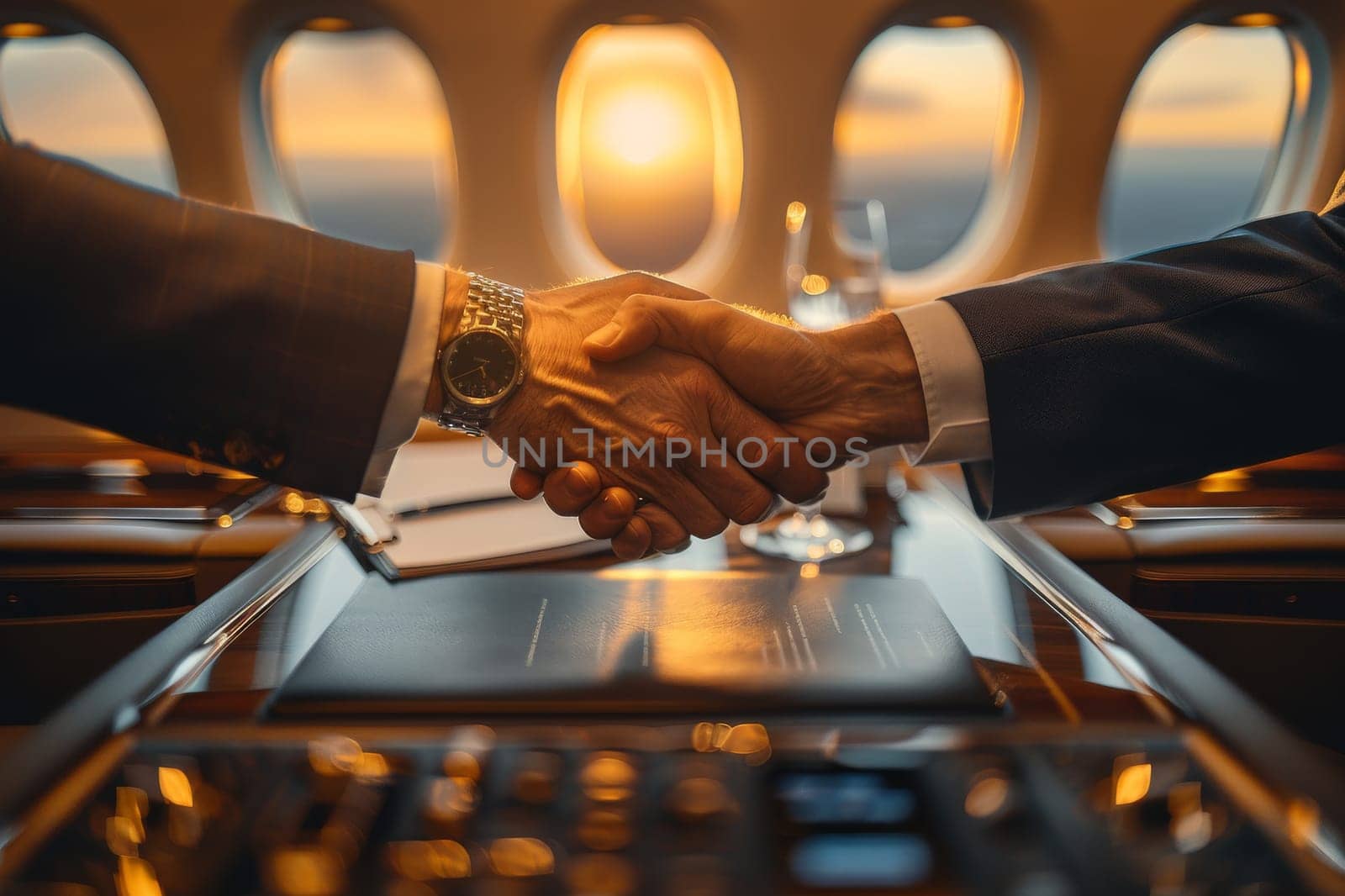 Close up business professional handshake with new partnership on private jet meeting room. Generative AI.