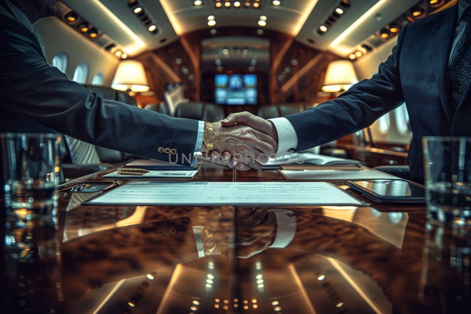 Close up business professional handshake with new partnership on private jet meeting room. Generative AI.