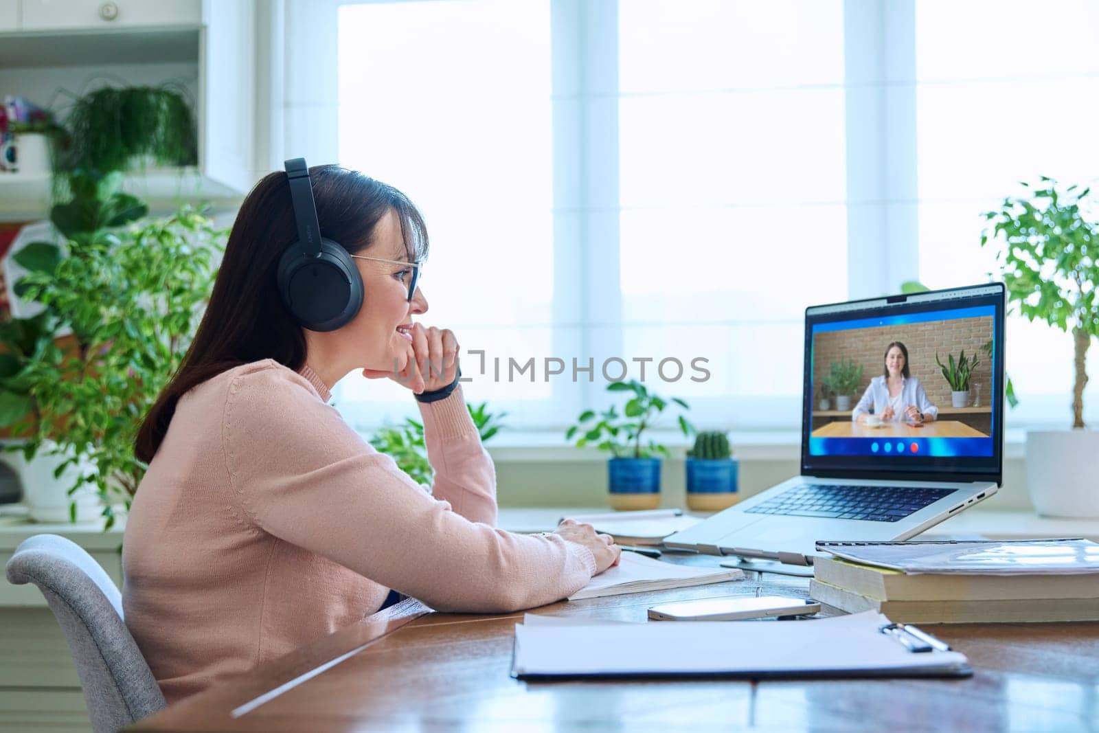 Online work video meeting of two female colleagues. Middle aged woman working remotely in home office talking with client, colleague, student on laptop computer screen. Technology, business, education