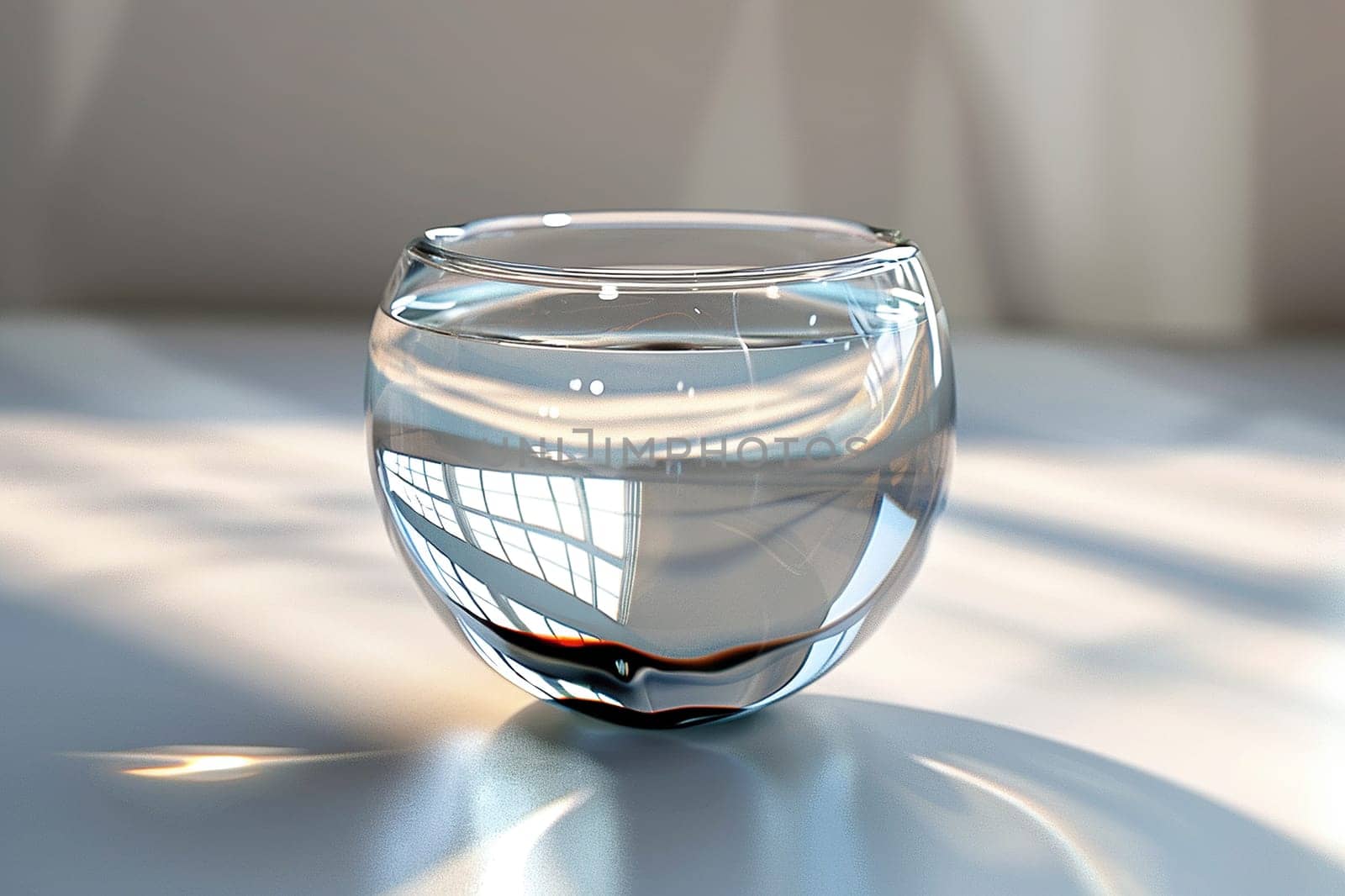Interior image of a glass vessel with liquid on a white table. Glass in the interior.