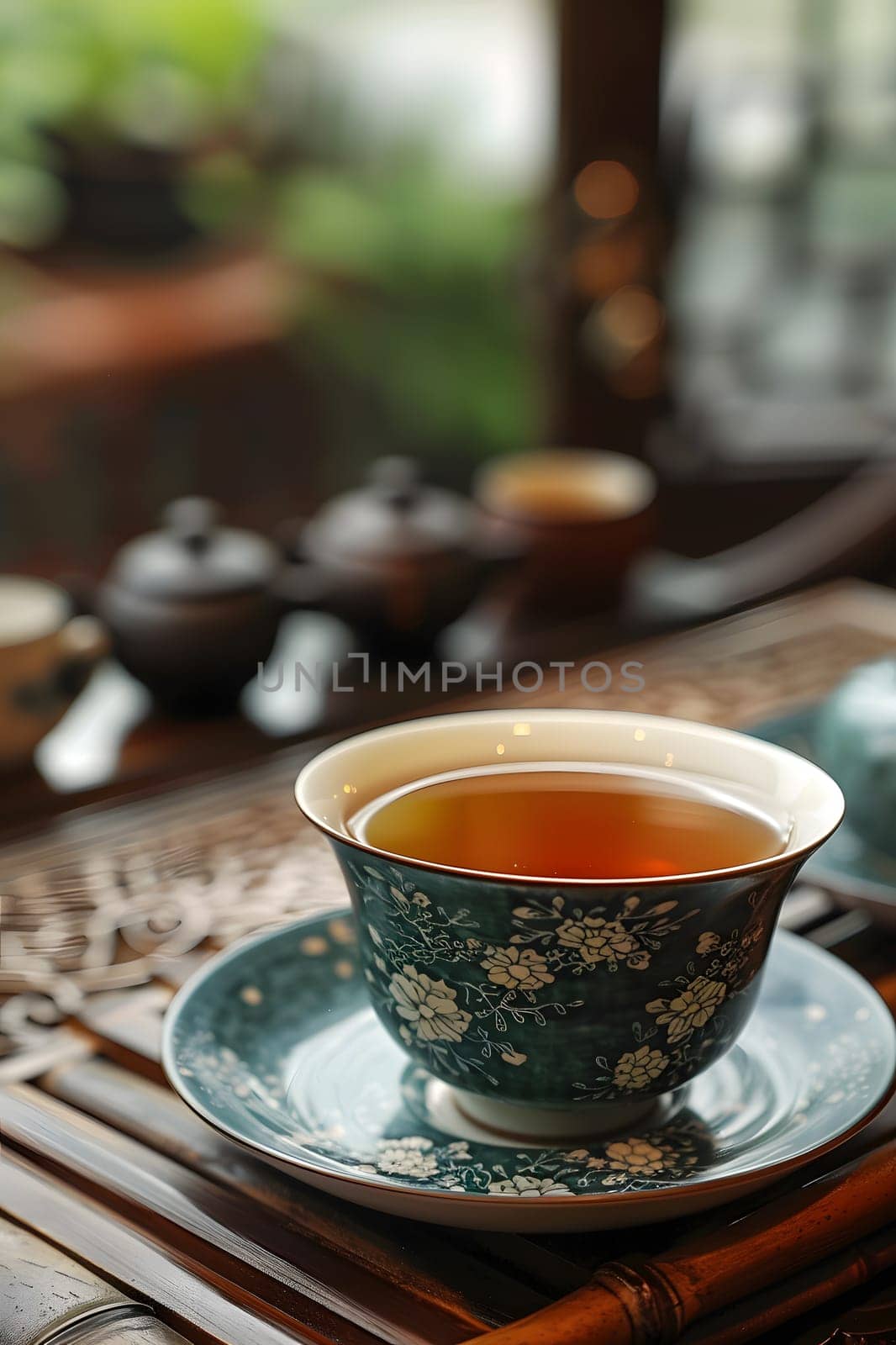 Teacup of tea on saucer atop table awaiting consumption by Nadtochiy