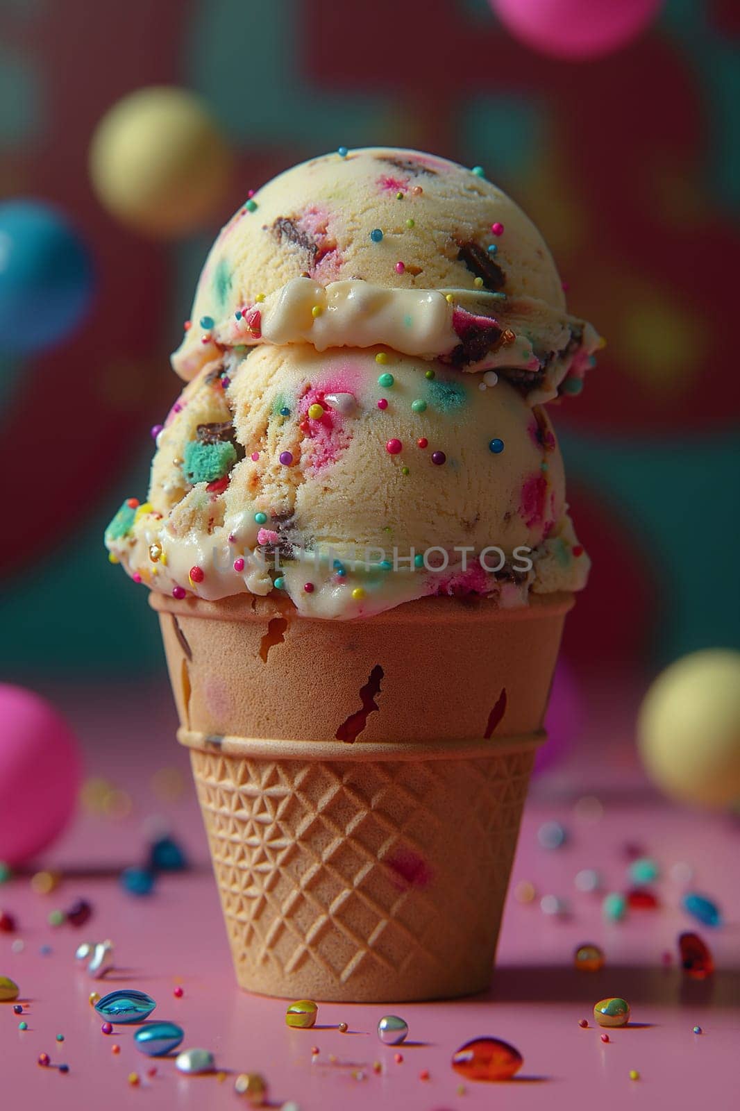 Scoops of multicolored ice cream in a cone with sprinkles and a blurred background.