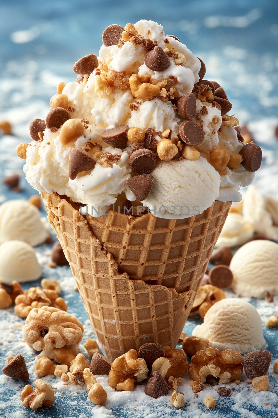 Creamy ice cream cone topped with nuts and chocolate chips.