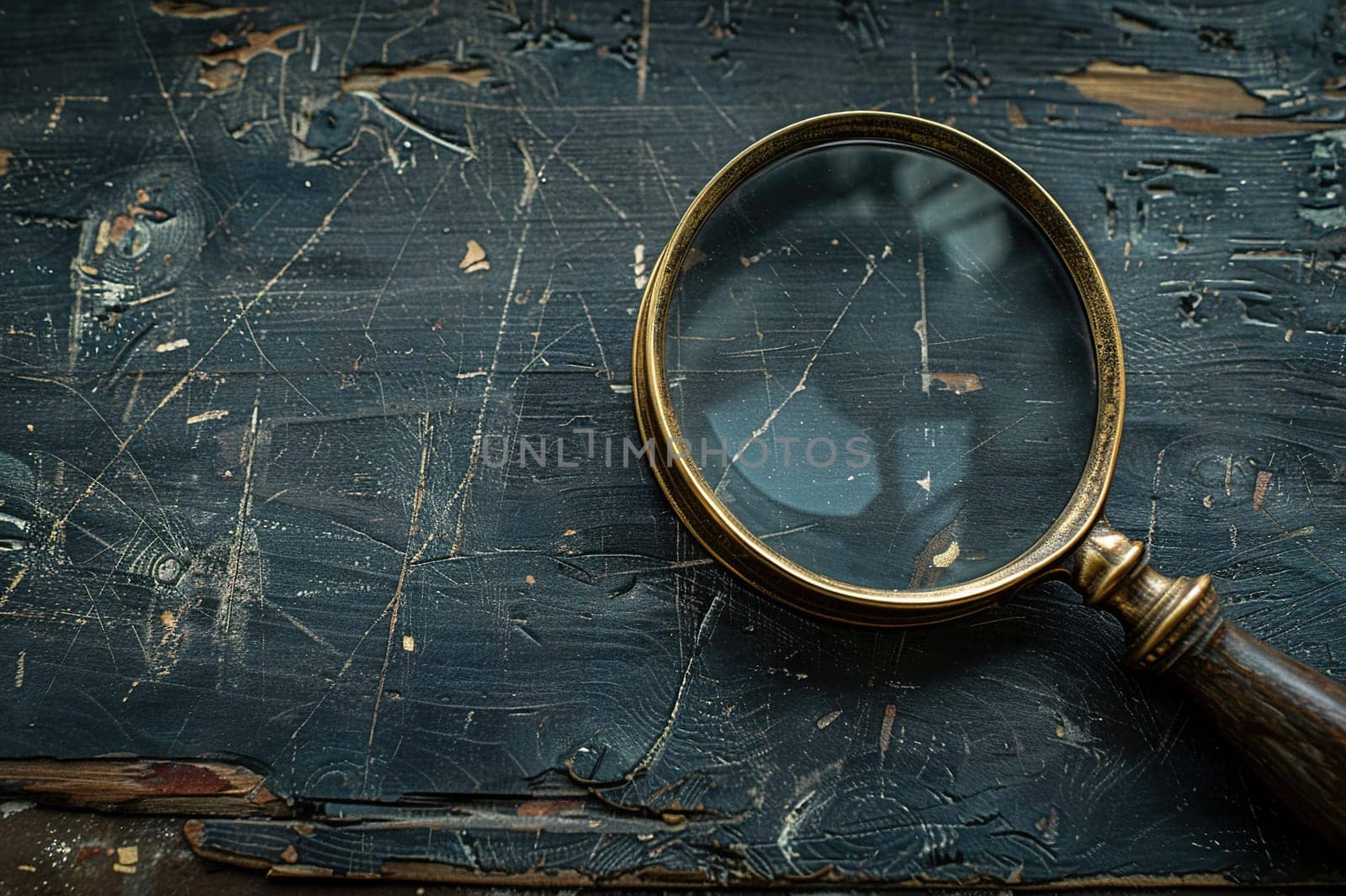 Vintage magnifying glass over a shabby wooden surface. Search, research concept. Generated by artificial intelligence by Vovmar