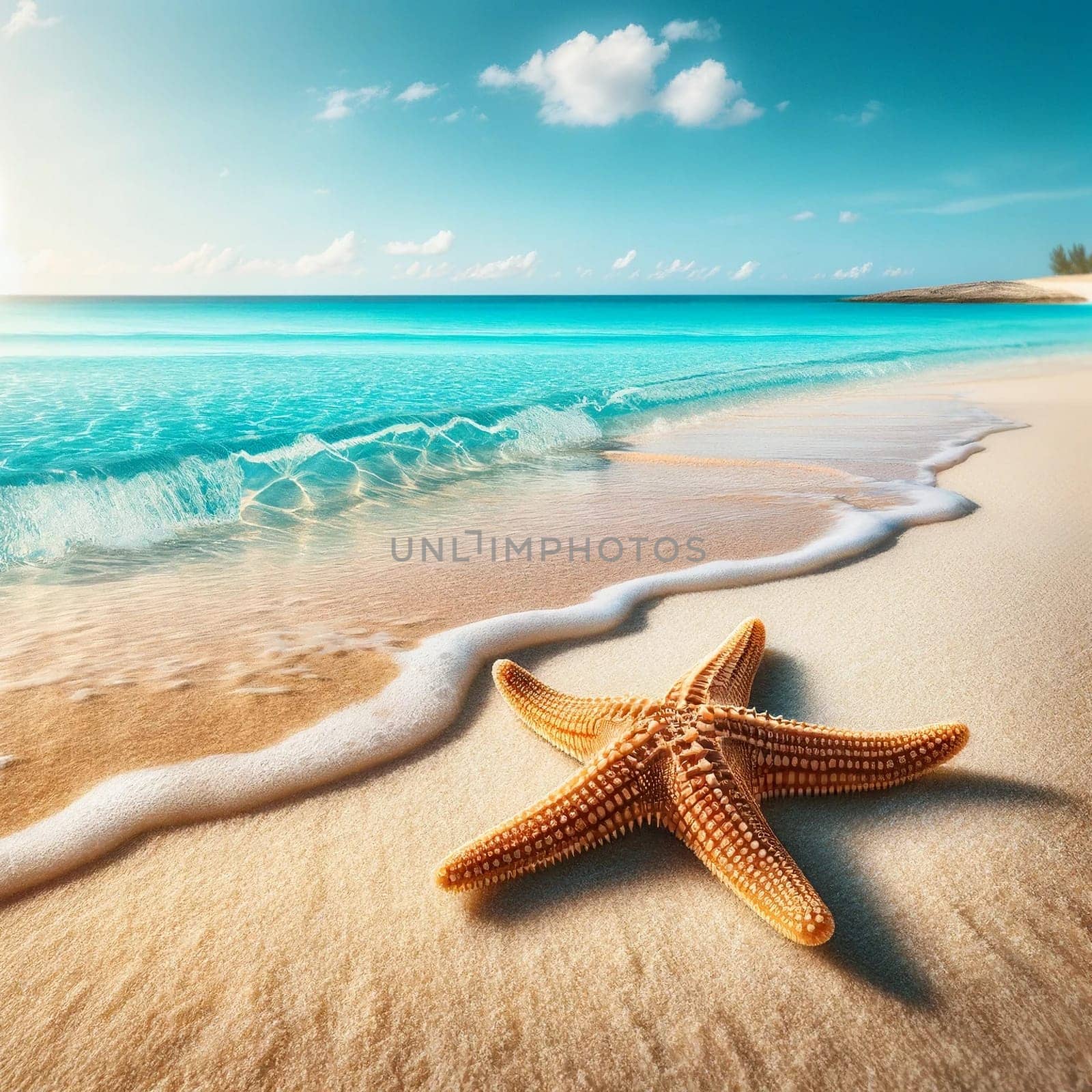 A close-up view of a starfish gracefully laying on a pristine sandy beach next to the crystal clear turquoise waters of the ocean.