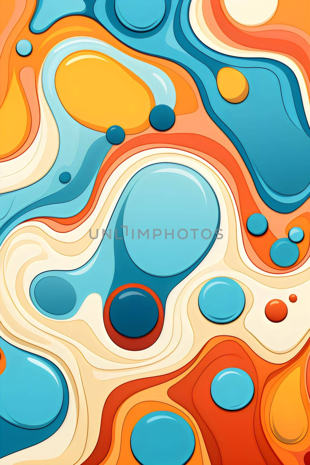 A vibrant, retro-style graphic featuring swirling patterns of orange, blue, and cream, evoking a 70s aesthetic - Generative AI