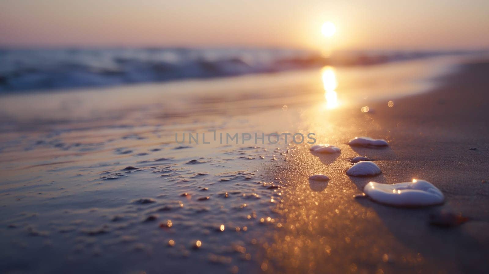 Tranquil Sunset Over Serene Beach With Smooth Pebbles Aligned in Gentle Waves by chrisroll