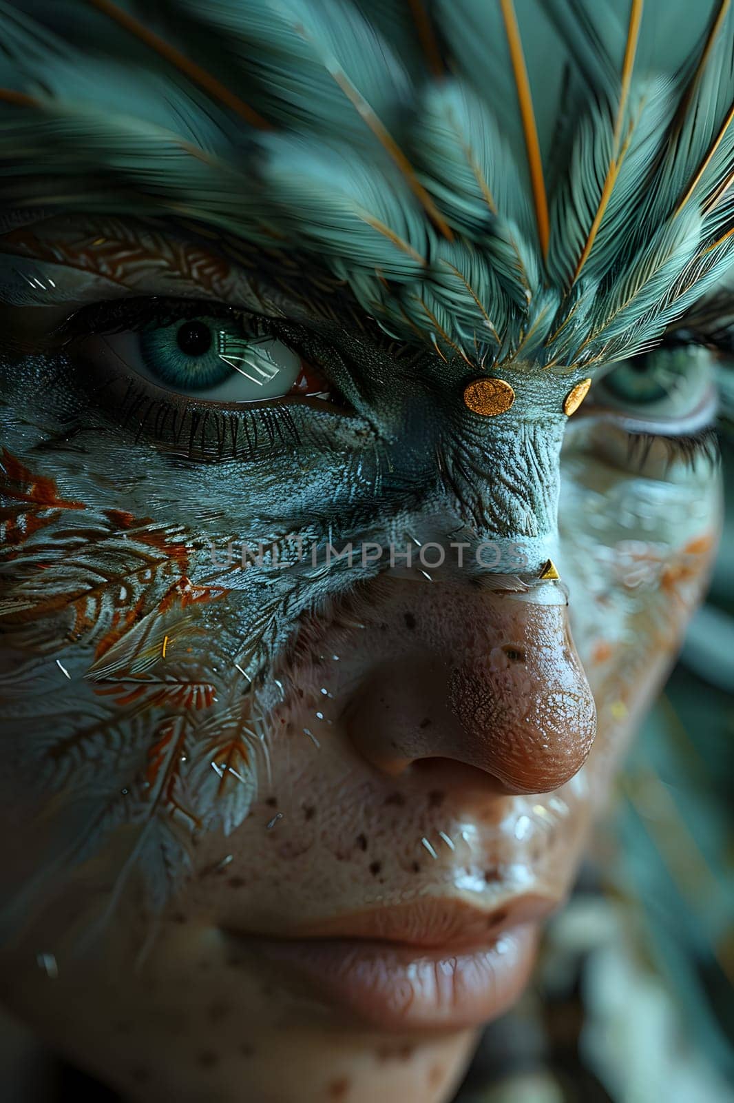 Close up of a womans face with feather art on eye, jaw, and wrinkles by Nadtochiy