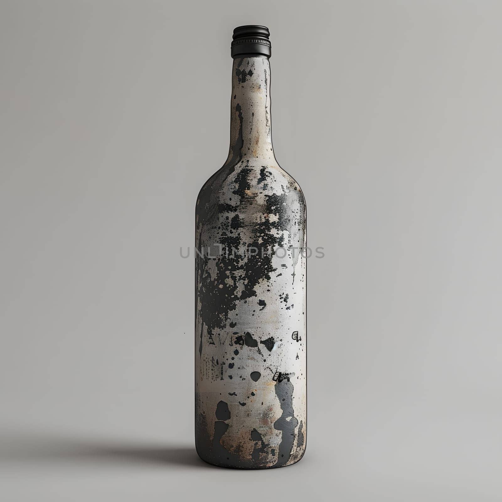 Glass bottle with black cap, on gray background. Tableware artifact by Nadtochiy