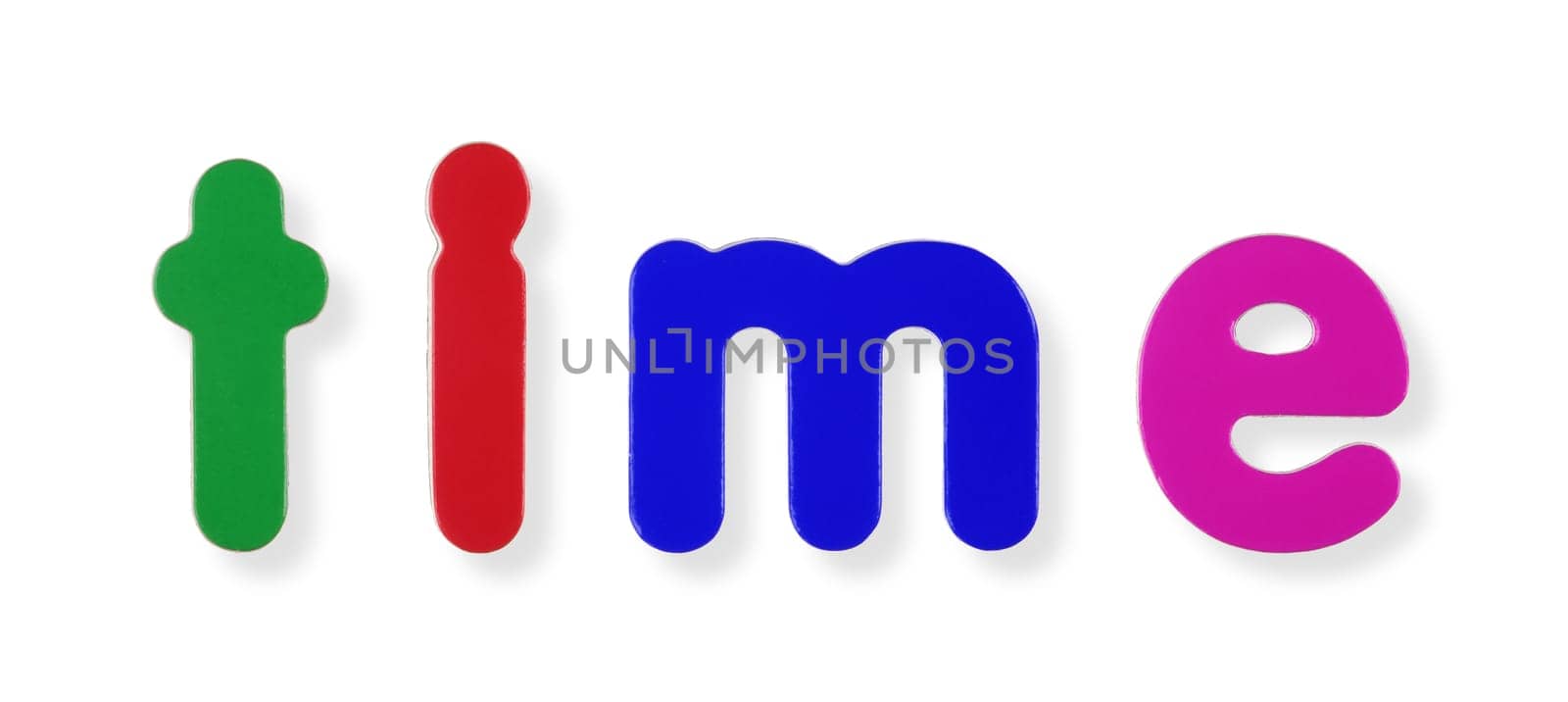 A time word in coloured magnetic letters on white with clipping path to remove shadow