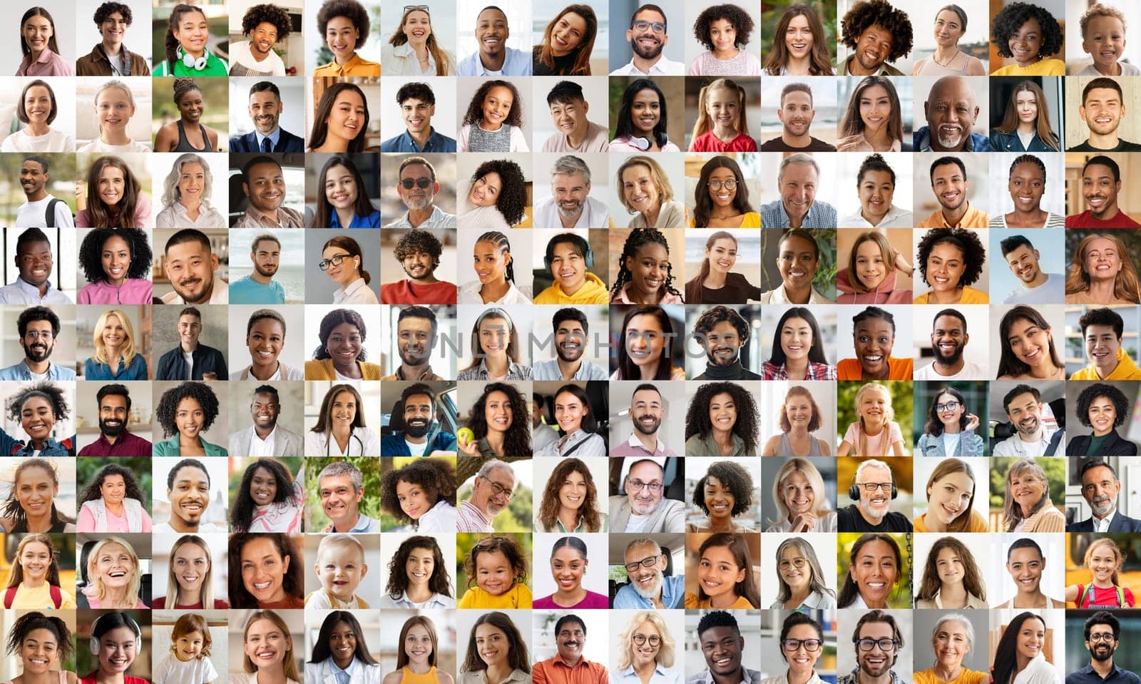 This engaging portrait collage showcases a diverse array of people, symbolizing unity, diversity, and the beauty of a multifaceted society