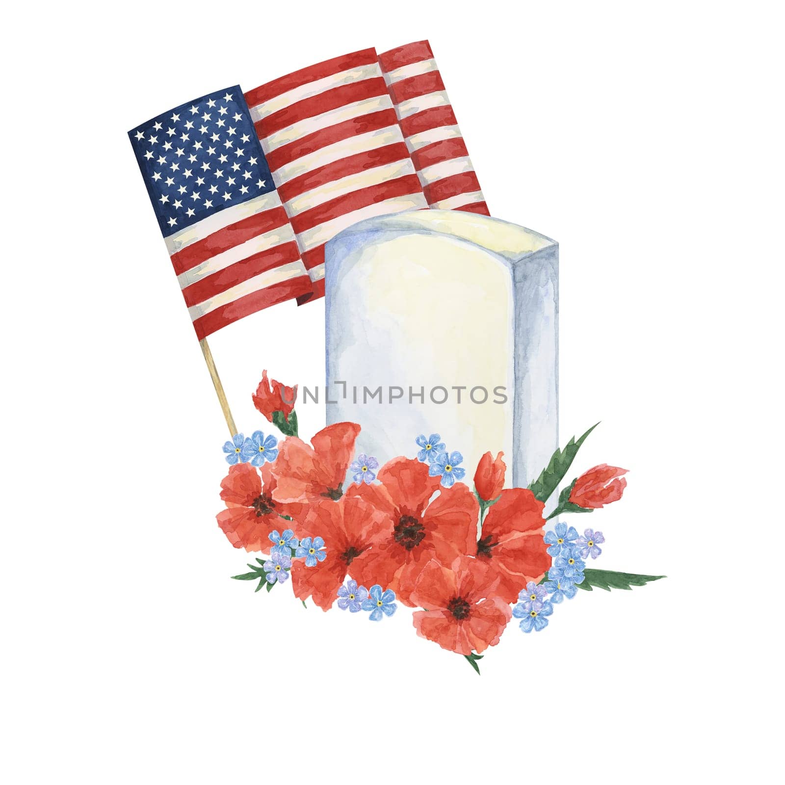 Memorial Day clipart. US flag, red poppy flower, soldiers grave. Patriotic hand drawn watercolor for card, banners, commemorative events, flyers, sale by Fofito