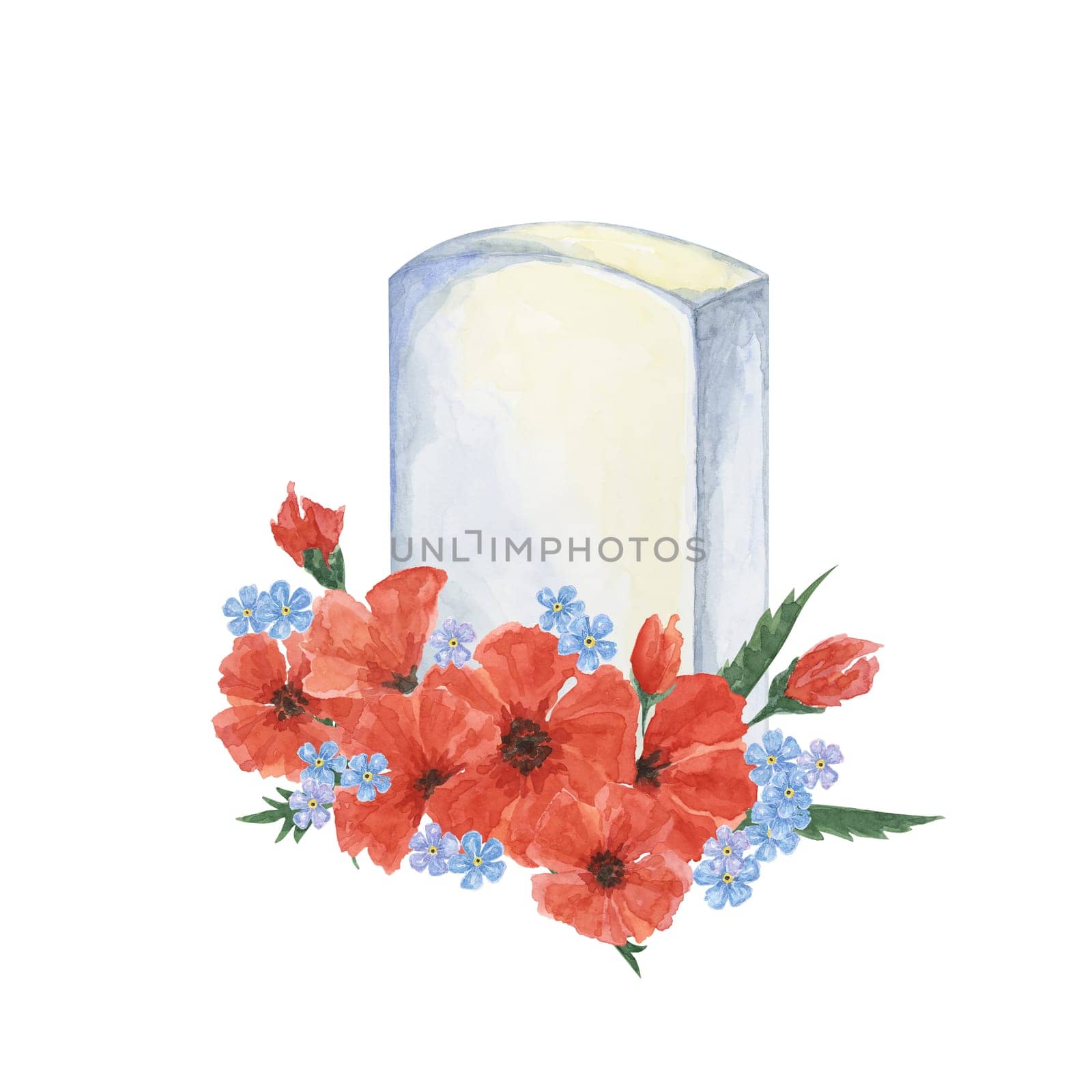 Memorial Day clipart. Red poppy flower, soldiers grave, forget-me-not . Anzac day. Patriotic hand drawn watercolor home of the brave card, remember and honor banner, commemorative events, flyer, sale