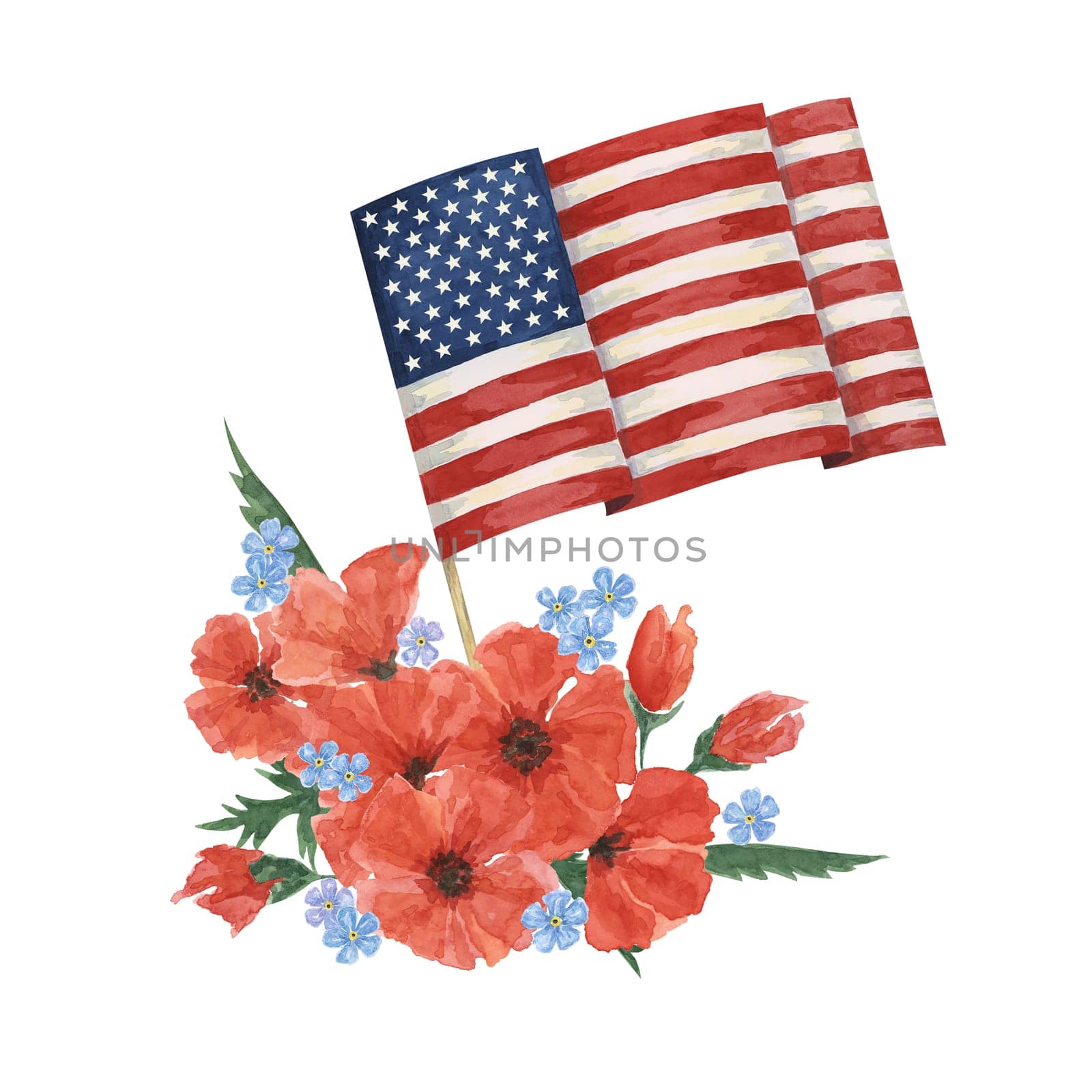 Memorial Day clipart. US flag, red poppy flower, forget-me-nots. Patriotic hand drawn watercolor for card, banners, commemorative events, flyers, sale by Fofito