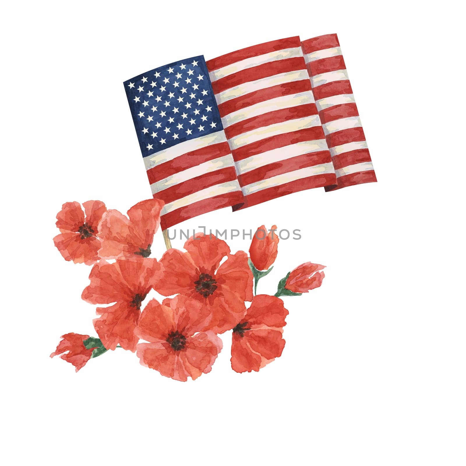 Memorial Day clipart. US flag, red poppy flower, forget-me-nots. Patriotic hand drawn watercolor for card, banners, commemorative events, flyers, sale by Fofito