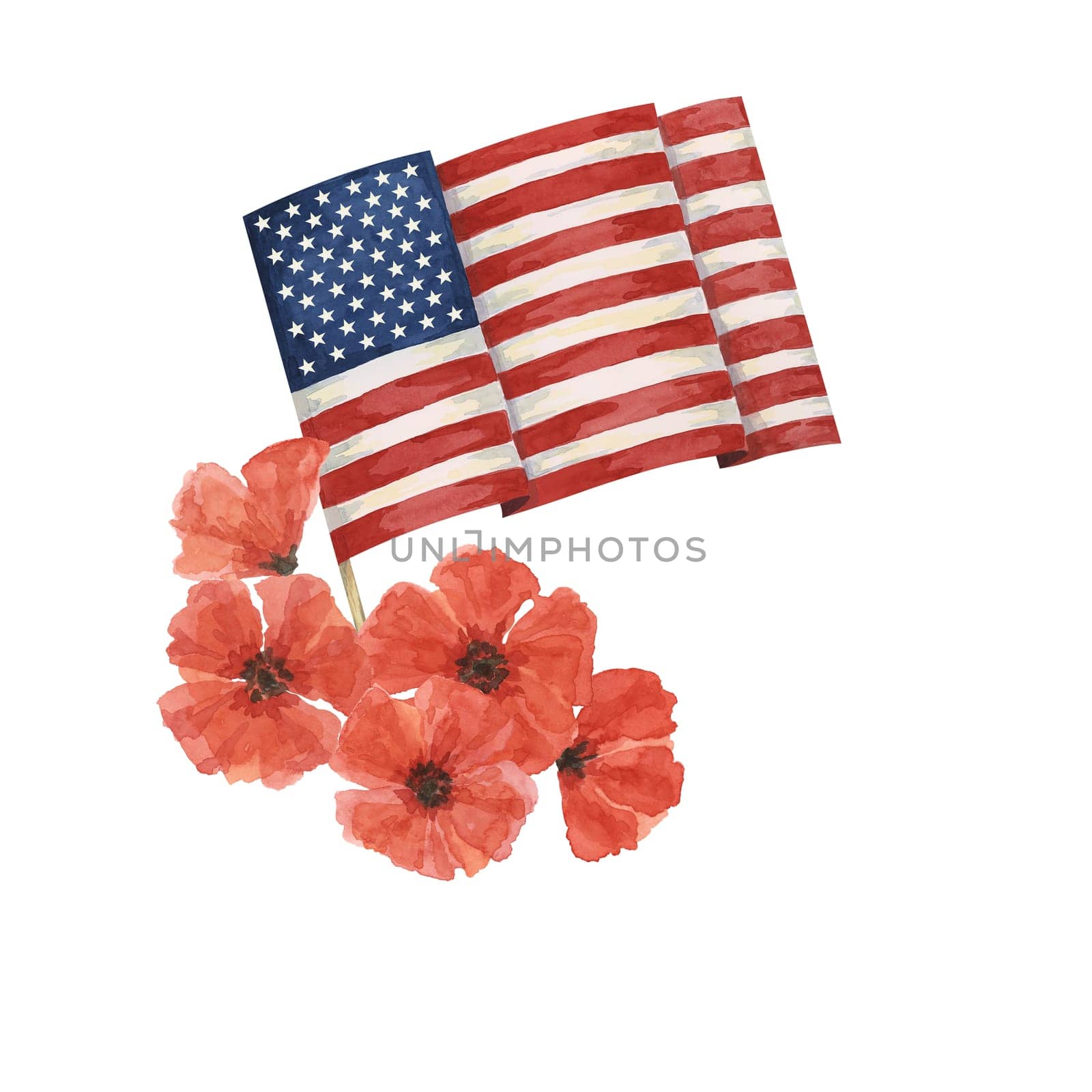 Memorial Day clipart. US flag, red poppy flower, forget-me-nots. Patriotic hand drawn watercolor home of the brave card, remember and honor banner, commemorative events, veteran salute flyer, sale