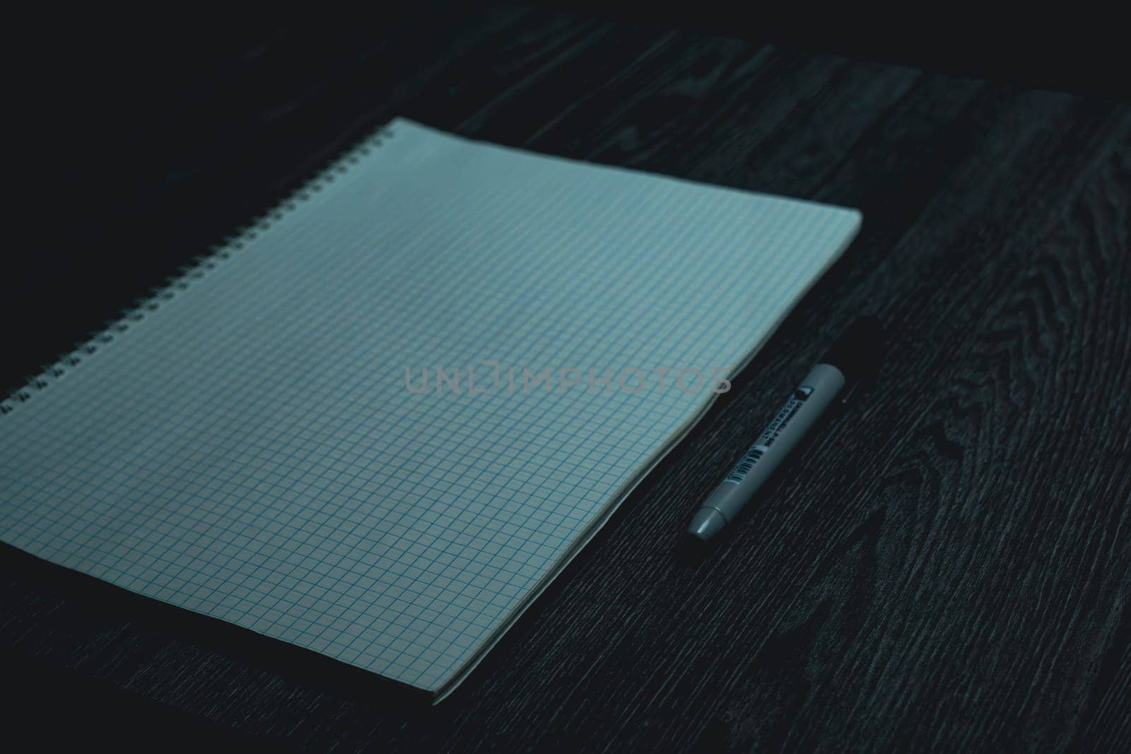 Large notebook and black marker in candlelight on the wooden table. High quality photo