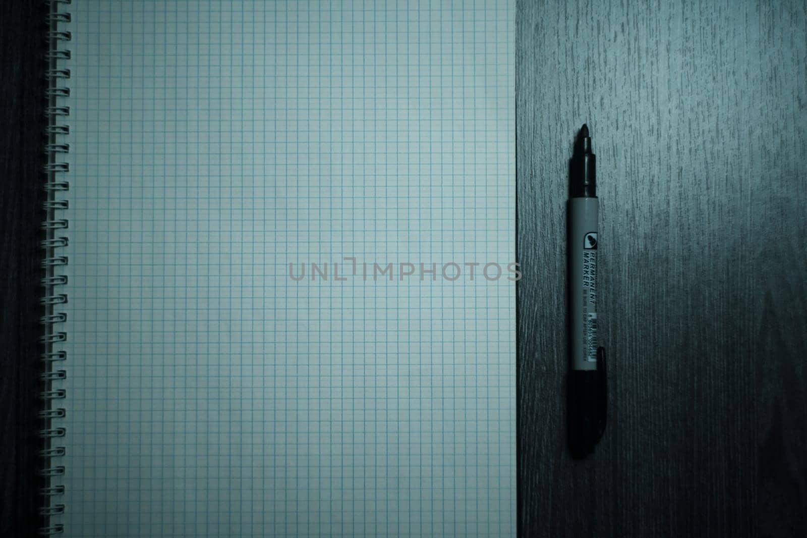 Large notebook and black marker in candlelight on the wooden table. High quality photo