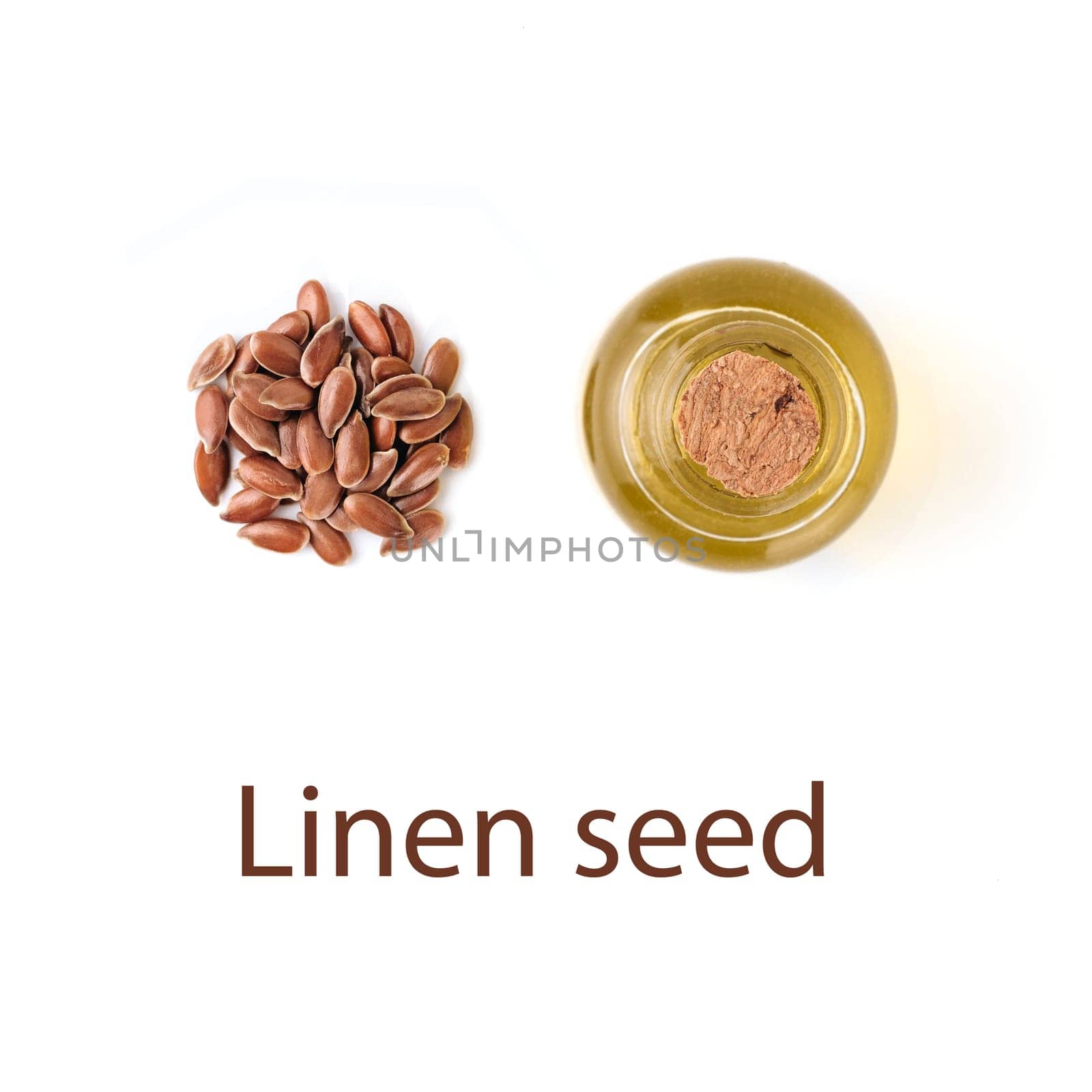 Linen seeds and linen raw oil isolated on white background - creative layout. Heap of flax seeds and raw flax seed oil in small glass bottle isolated on white with clipping path, top view or flat lay