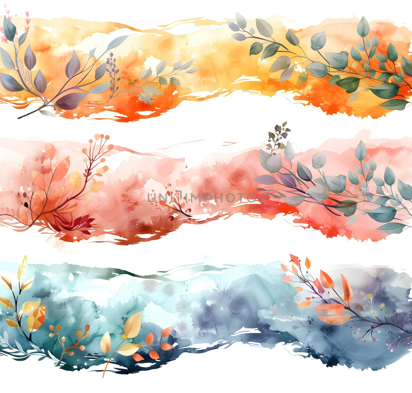Artistic watercolor banners featuring vibrant orange flowers and leaves, showcasing the fluidity of nature through liquid paint. A harmonious blend of colors in a natural landscape pattern