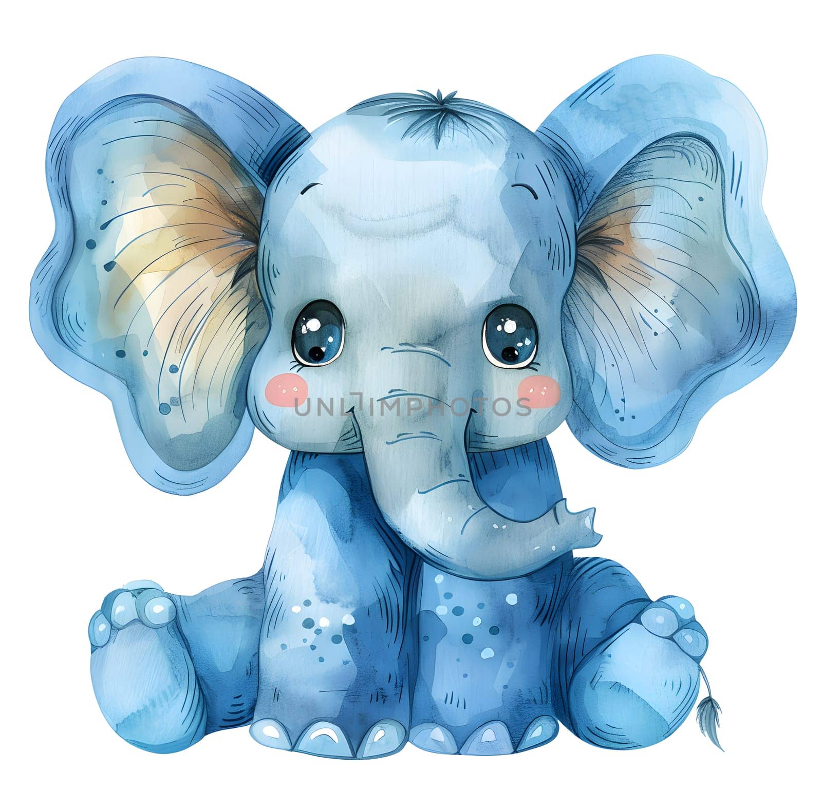 A cartoon baby blue elephant toy is sitting on a white background, showing a cute smile. This mammal organism is depicted in a gesture of relaxation, resembling working elephants