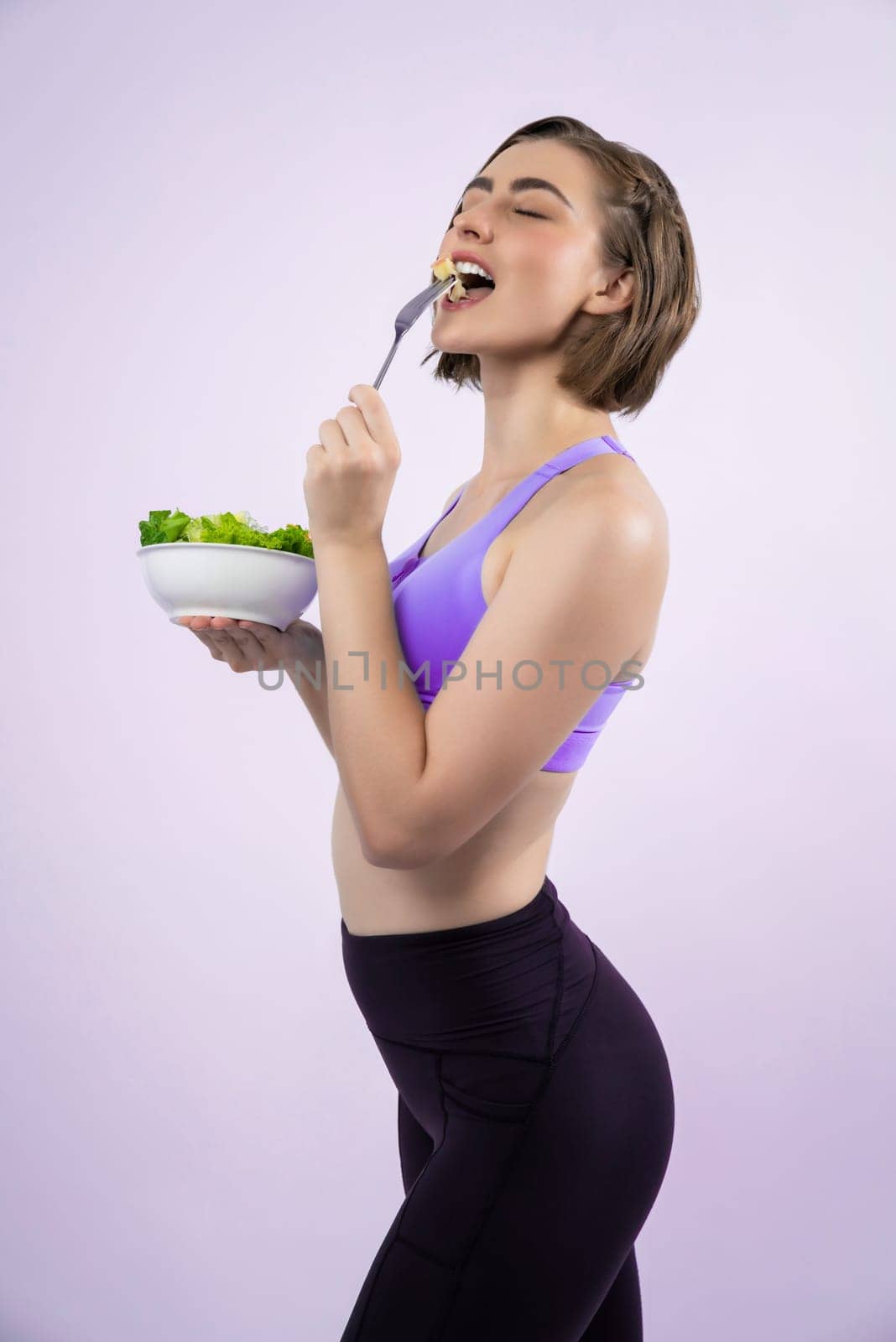 Full body length gaiety shot athletic and sporty young woman with healthy vegan by biancoblue