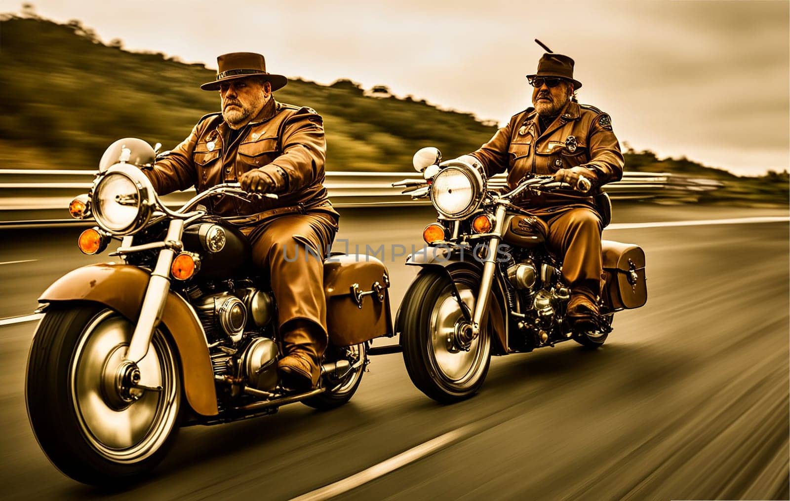 fantasy comics veteran chips police patrol on motorbikes riding steampunk bikes funny postcards by verbano