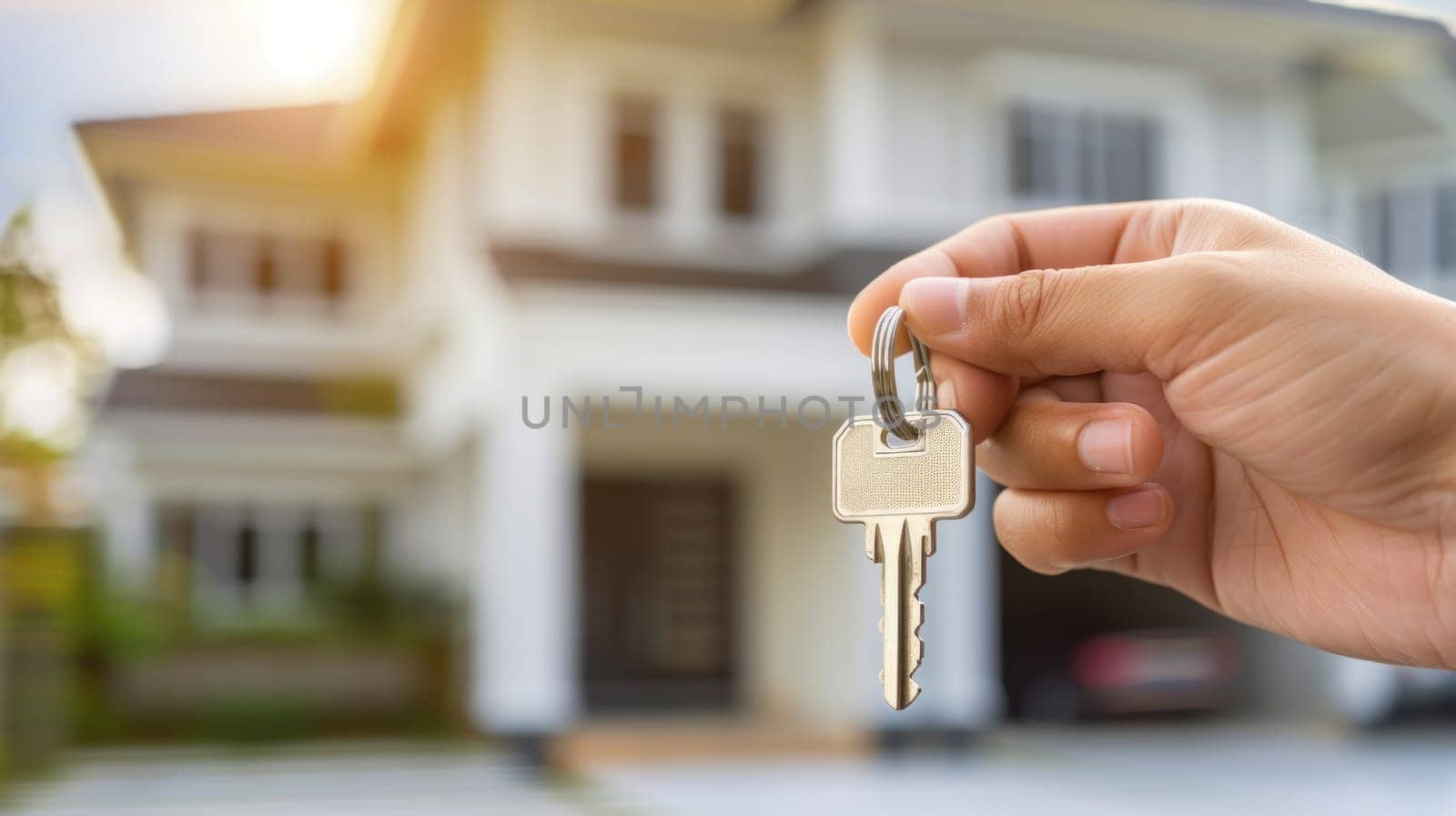 A person is holding a key in front of a house.