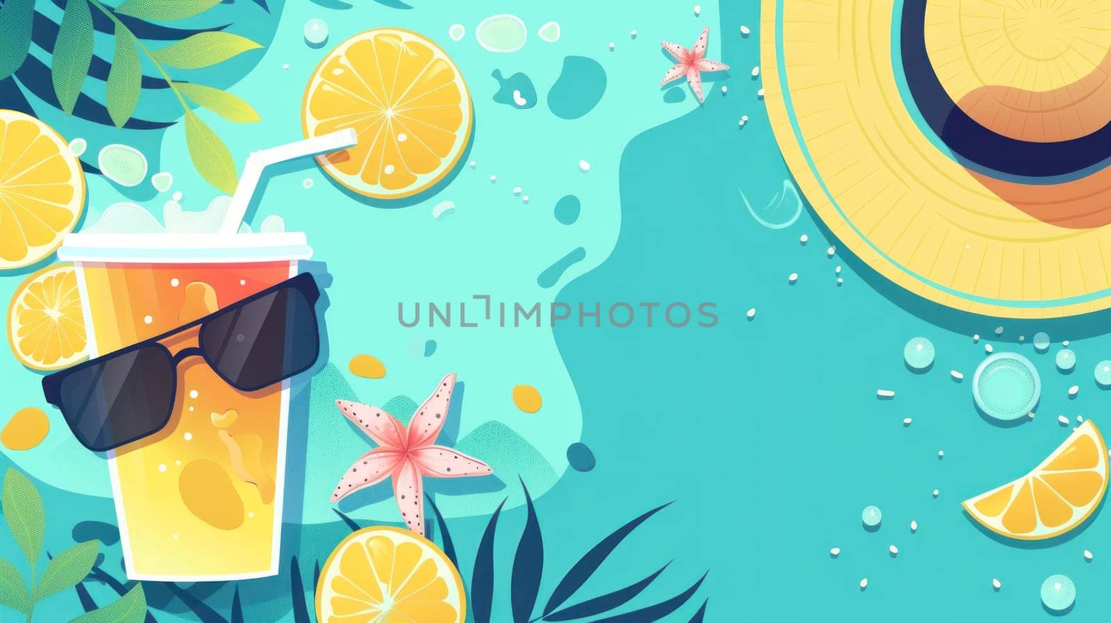 Flat illustration, A beach scene with a straw in a glass of orange juice.