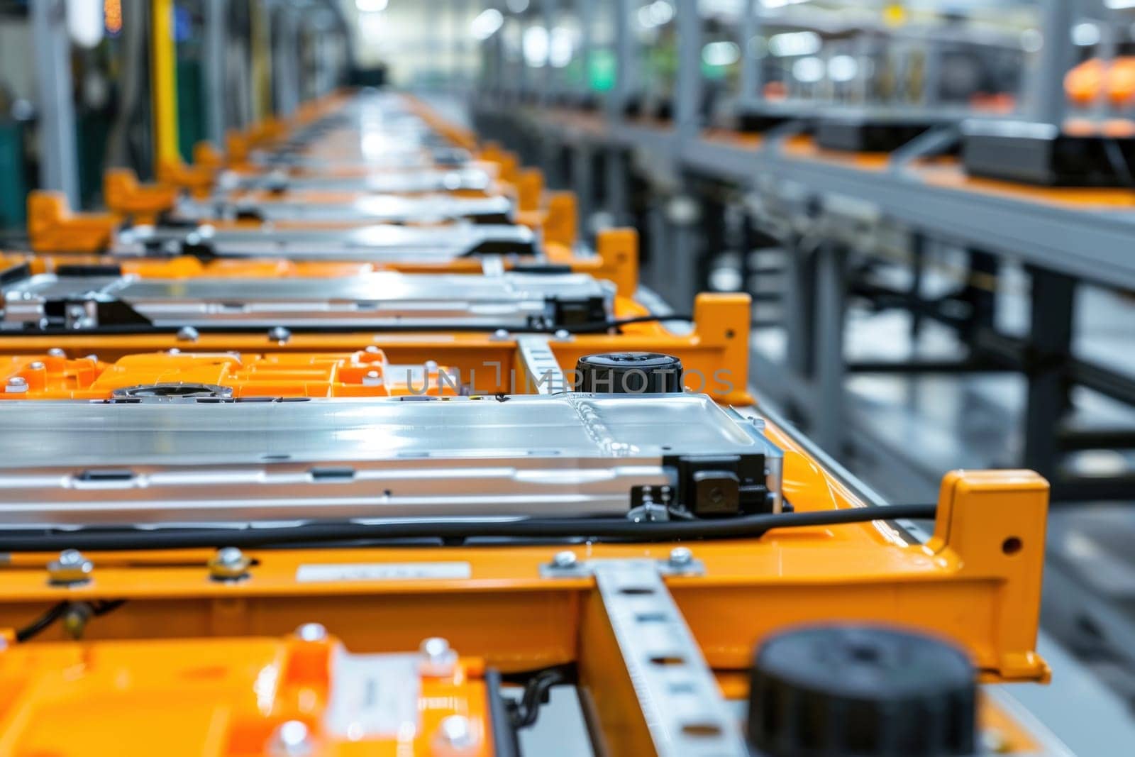 Mass production assembly line of electric vehicle battery cells.