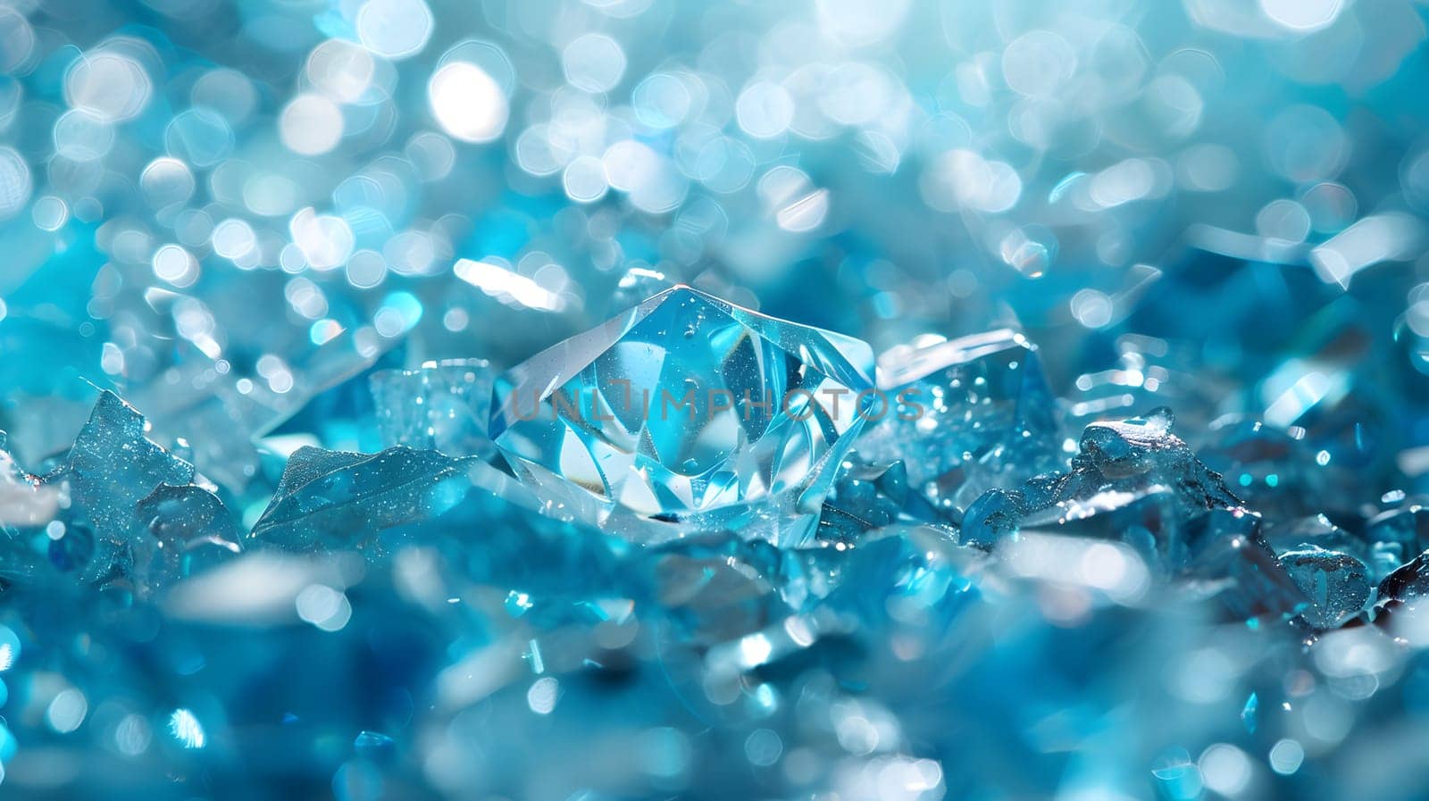 A close up of a liquid blue diamond on an electric blue background, resembling a natural landscape. The diamond sparkles like water and is a stunning fashion accessory in jewellery design