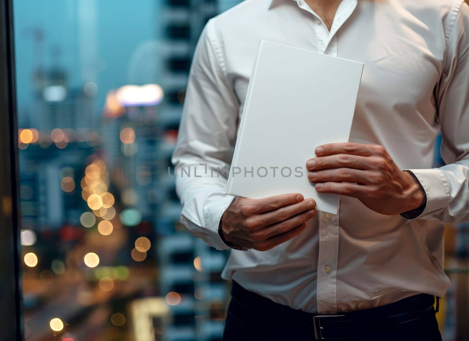 hand holding blank white book cover for mockup. isolated background . Generative AI.