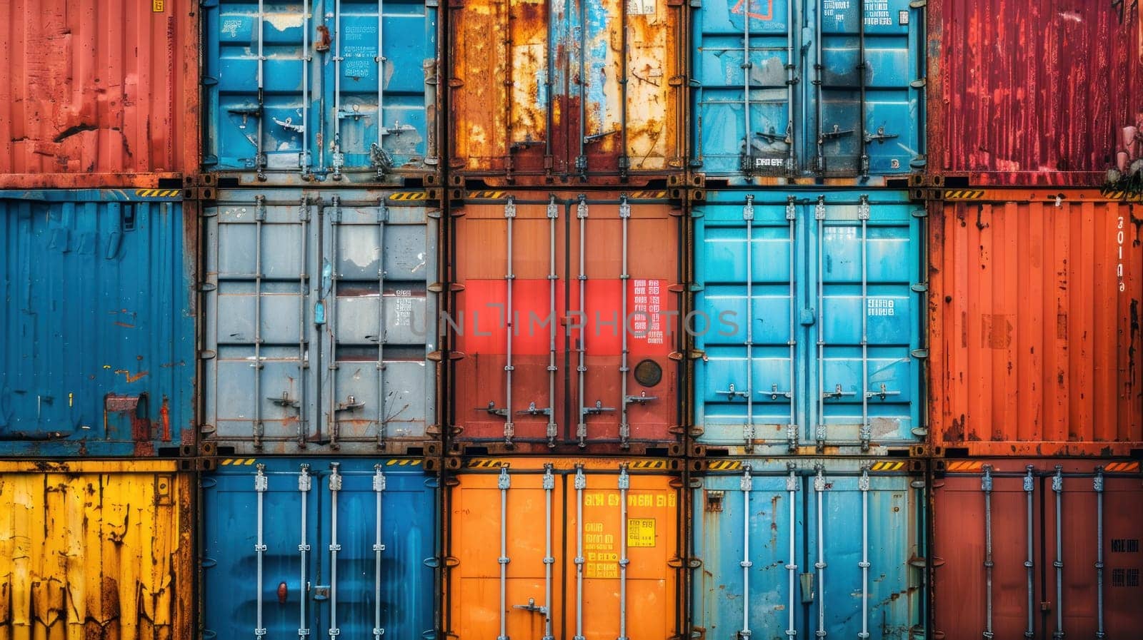 A row of containers with different colors and sizes stacked on top of each other. Concept of organization and structure, as the containers are neatly arranged in a row. The variety of colors