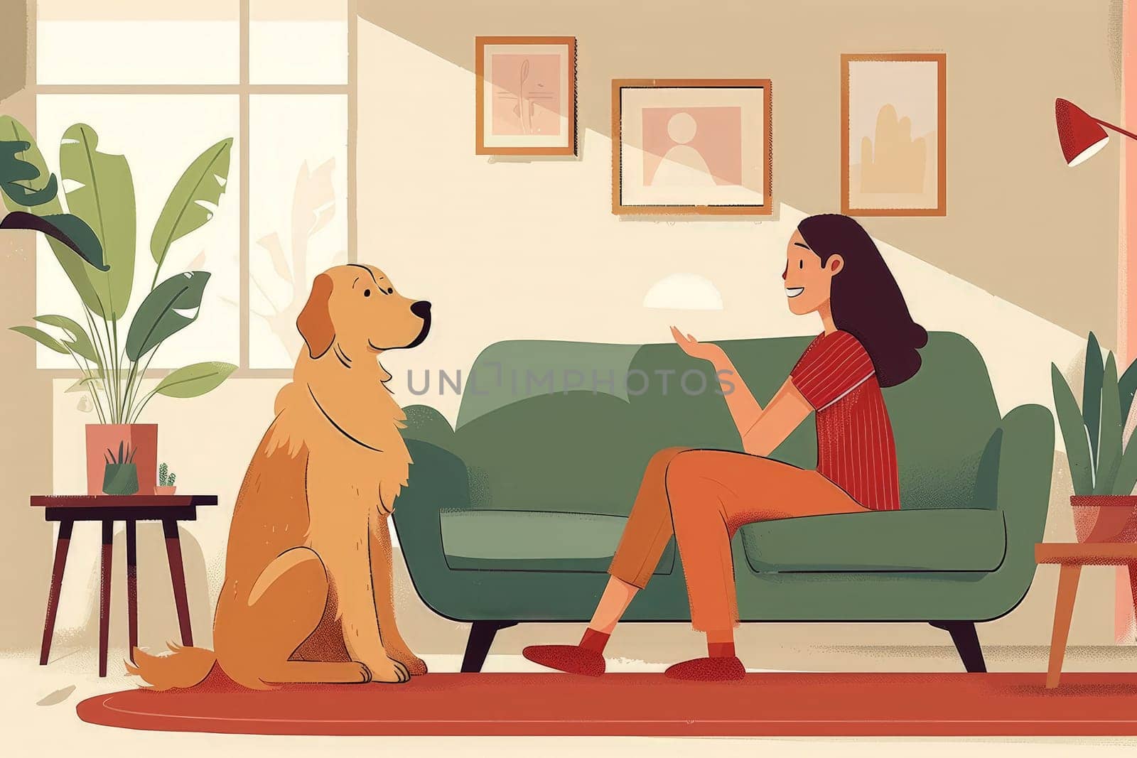 illustration A woman talking beloved pet dog at home . best friend, friendship concept, Generative AI.