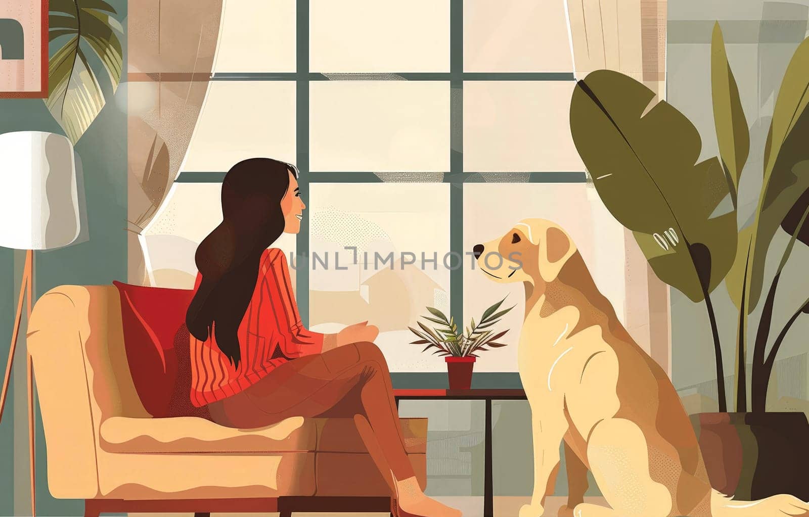 illustration A woman talking beloved pet dog at home . best friend, friendship concept, Generative AI.