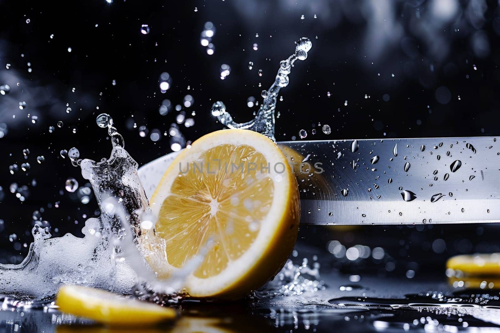 Water splash on white background with lemon slices. generative ai.