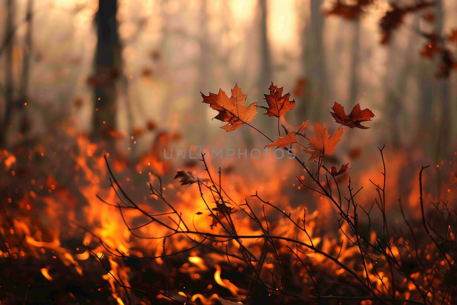 view of massive wildfire or forest fire with burning trees and orange smoke. Generative AI. by matamnad