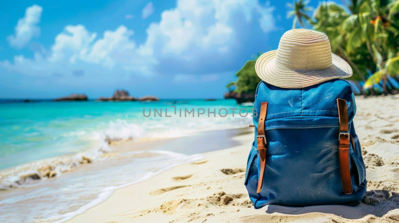 Summer hat and backpack on t beach. Vacation , travel concept. ai generative.