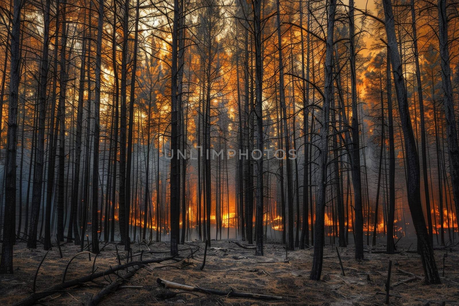 view of massive wildfire or forest fire with burning trees and orange smoke. Generative AI..