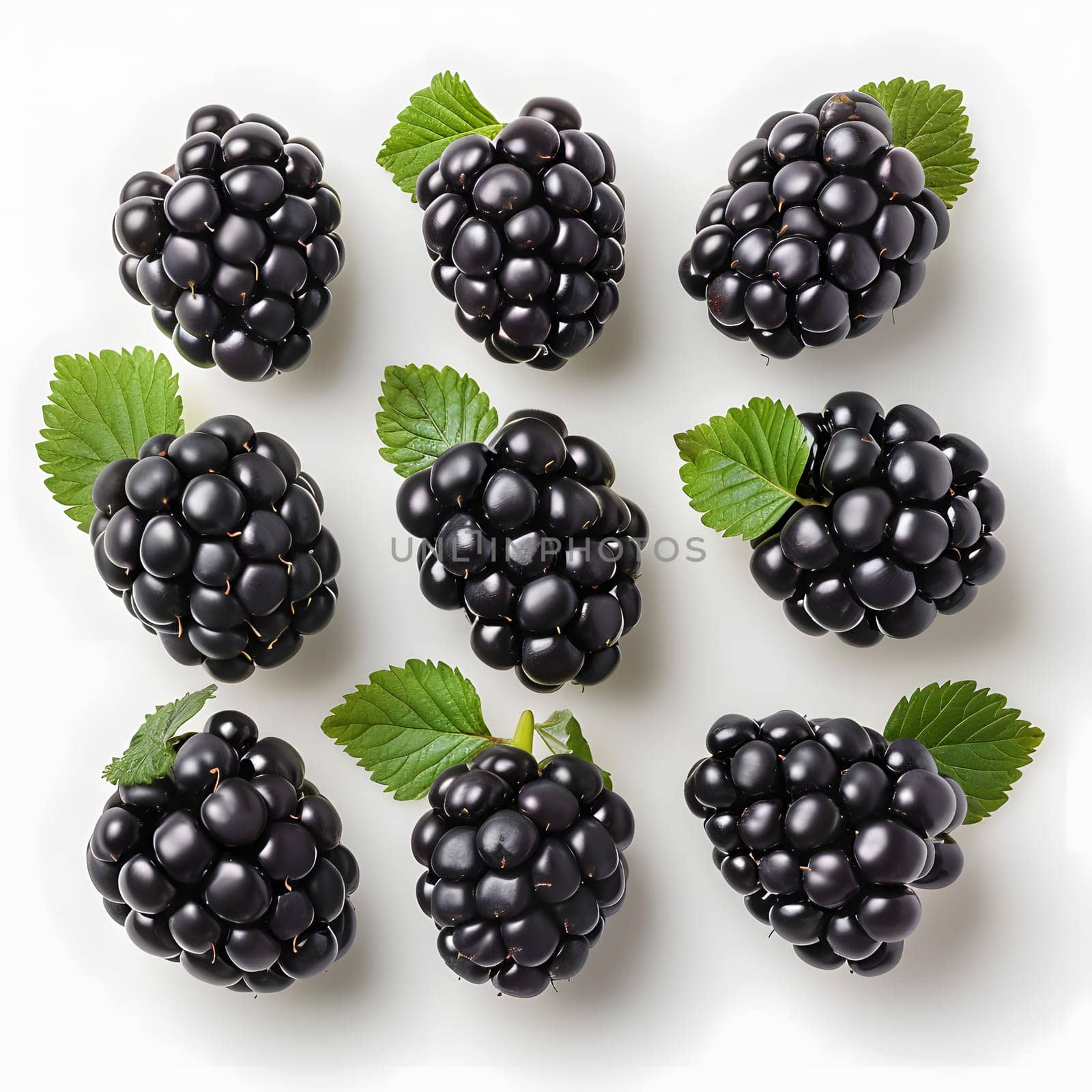 A cluster of ripe blackberries with green leaves, a type of berry from the bramble plant. These seedless fruits are a popular natural food, similar to boysenberries and olallieberries