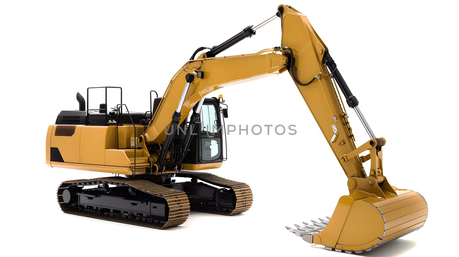 A yellow excavator with a large bucket, a vehicle used in construction, stands on a white background. The engineering marvel is made of composite material and resembles a toy machine for kids