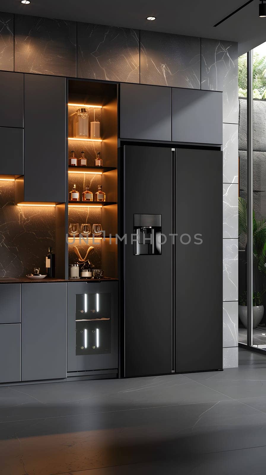 The kitchen features sleek black cabinetry and a matching refrigerator, seamlessly blending with the hardwood floors and large windows in the room