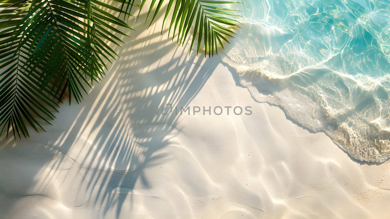 Palm tree shadow on beach sand, creating pattern in electric blue landscape by Nadtochiy