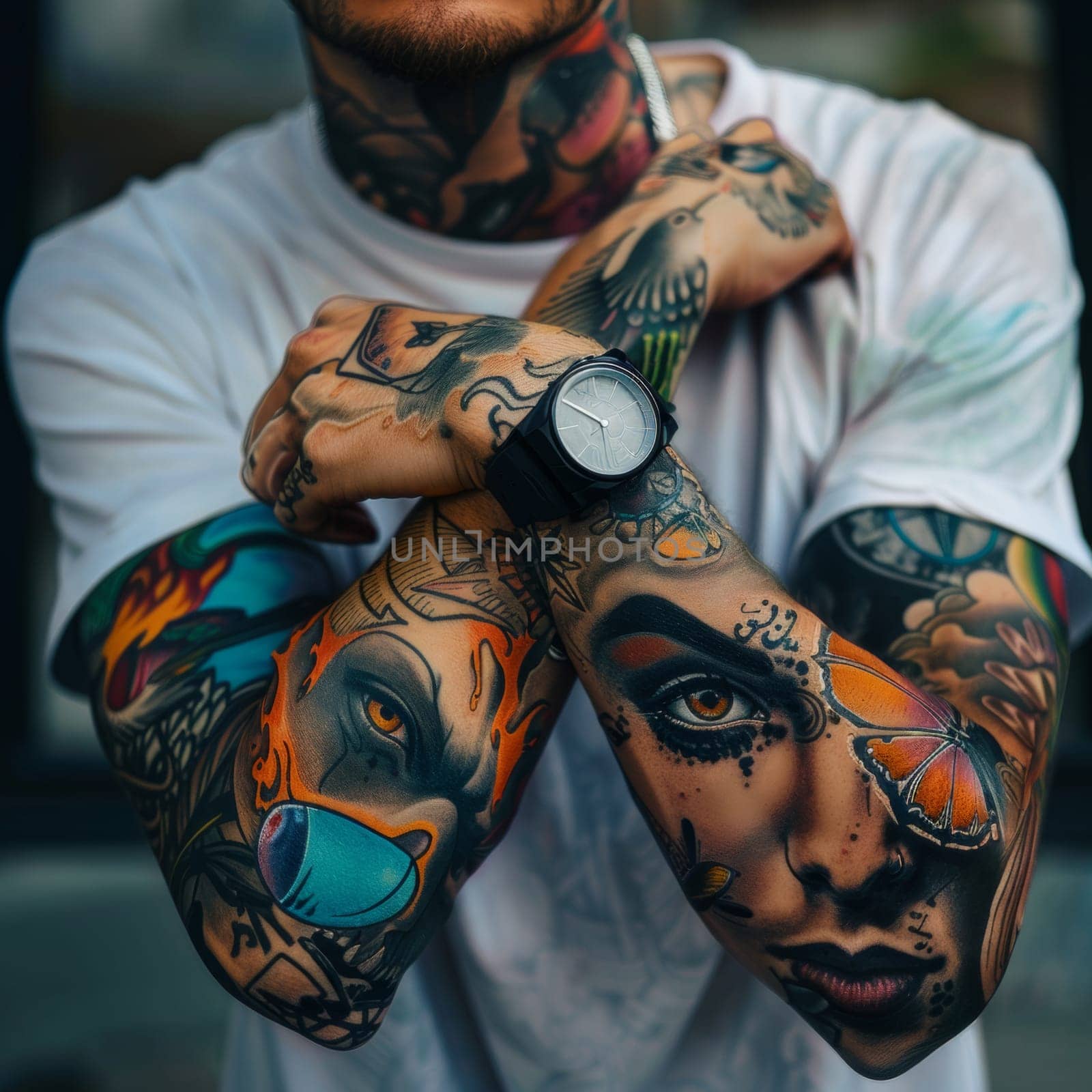 Man with creative tattoos on his arms.