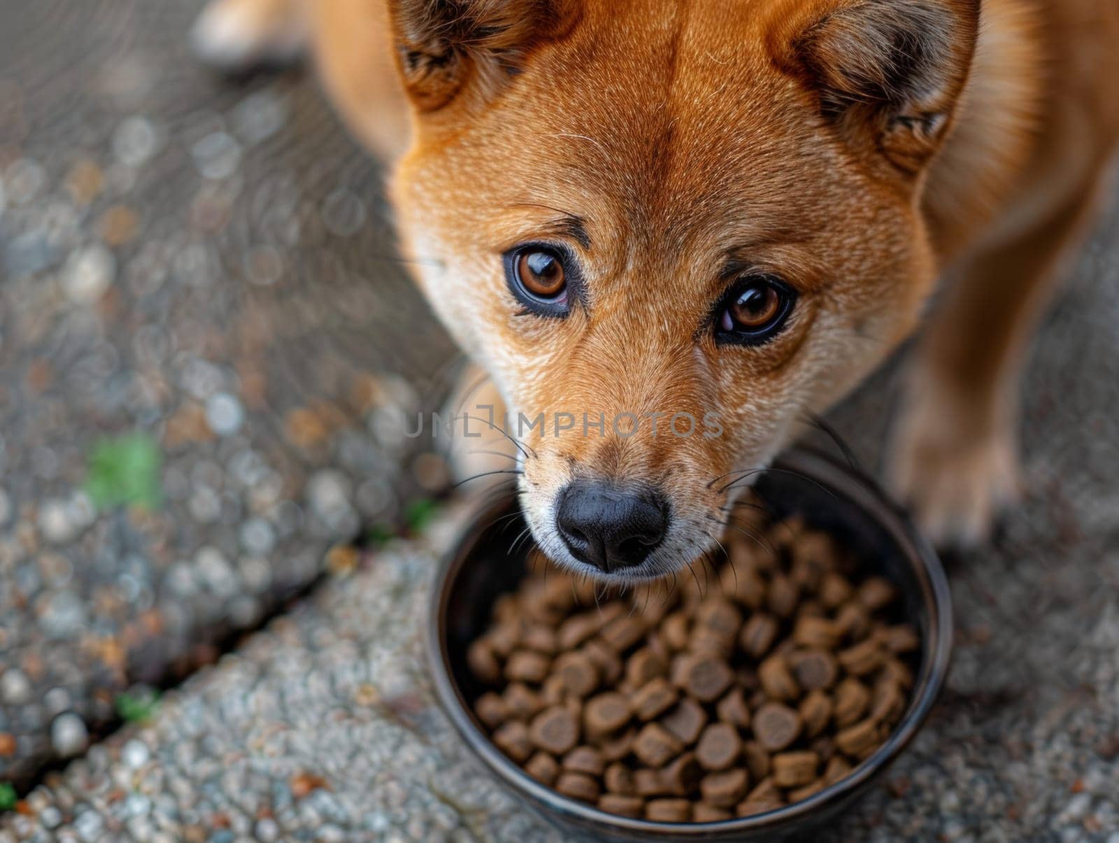 Hungry Shiba Inu dog protecting a bowl of dry food outdoors.