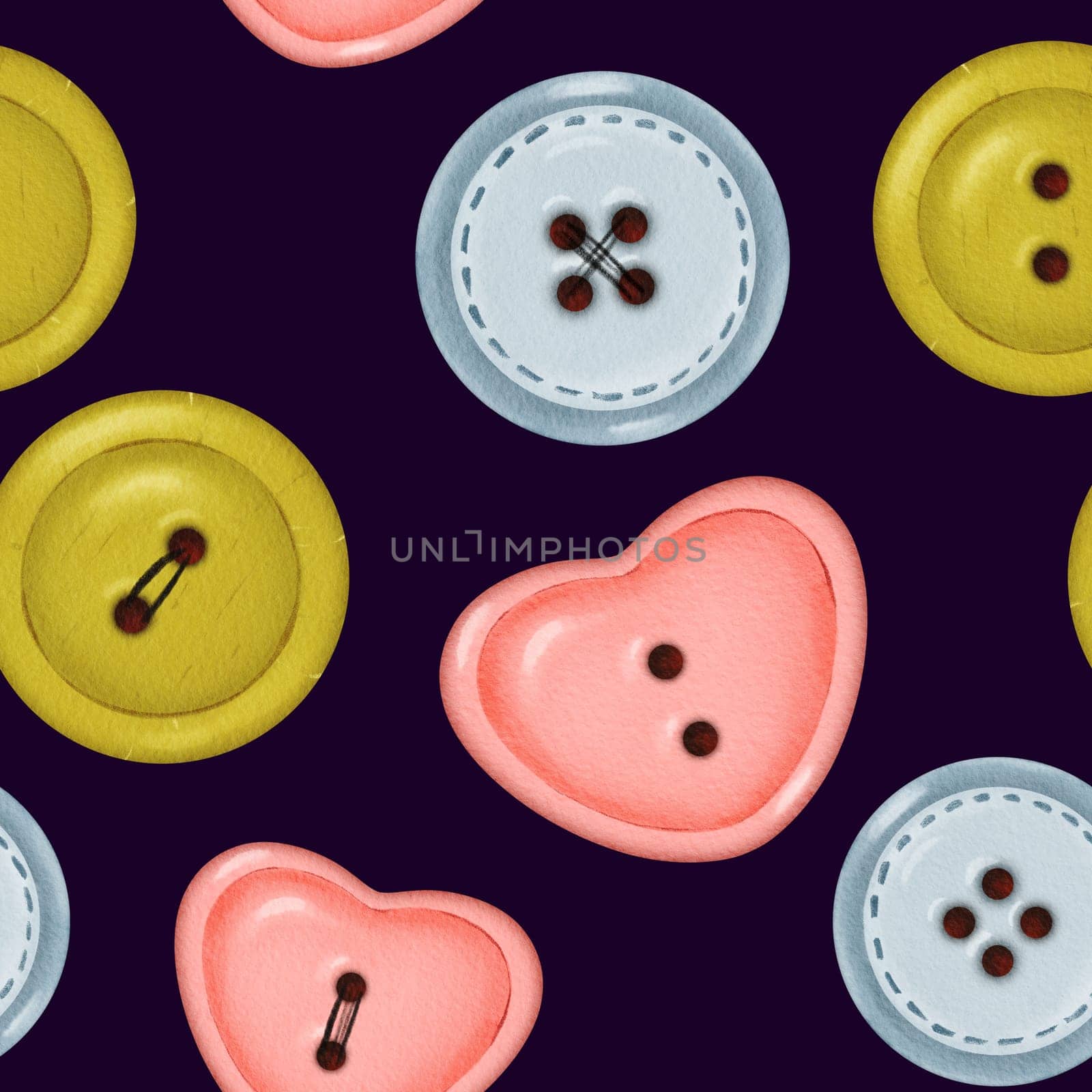 Seamless pattern featuring an array of colorful buttons. a dark background, showcasing buttons of diverse shapes and hues. watercolor. for textile designs, crafting projects, and decorative elements by Art_Mari_Ka