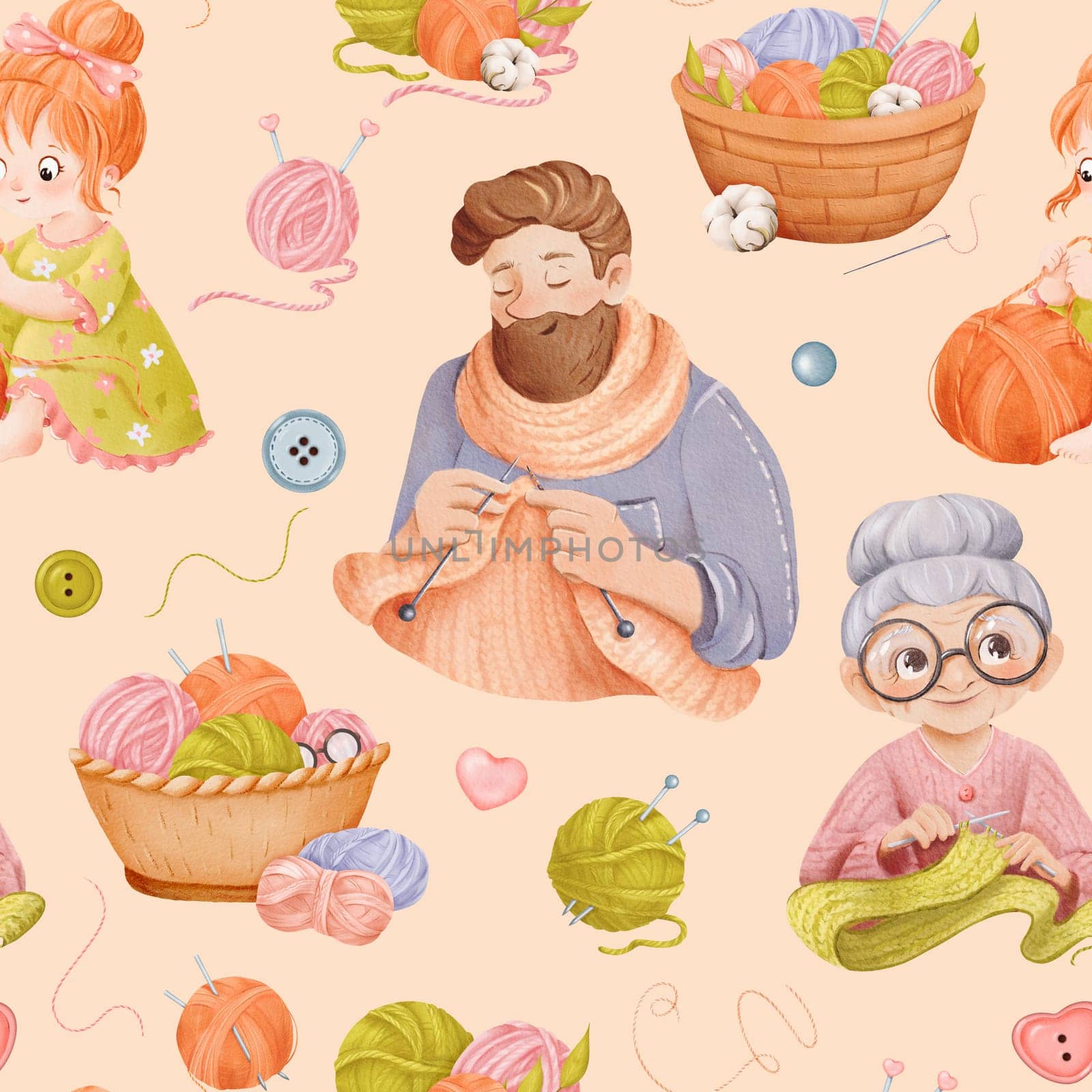 A seamless pattern characters knitting. A grandmother in glasses and hipster man knit a scarf, a girl plays with a ball of yarn. basket with needles buttons threads and cotton flowers. watercolor by Art_Mari_Ka