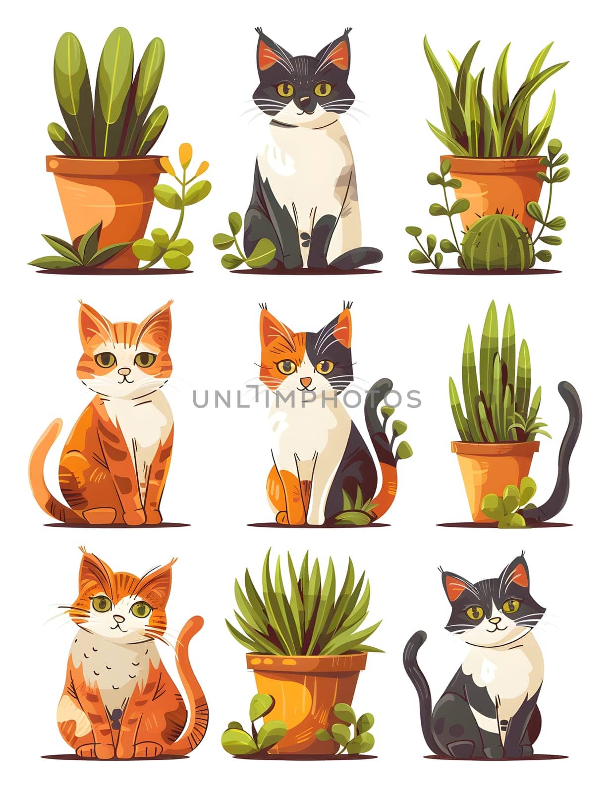 A group of Felidae, carnivorous mammals known as cats, sitting next to green potted plants by the window. Some plants have orange flowers