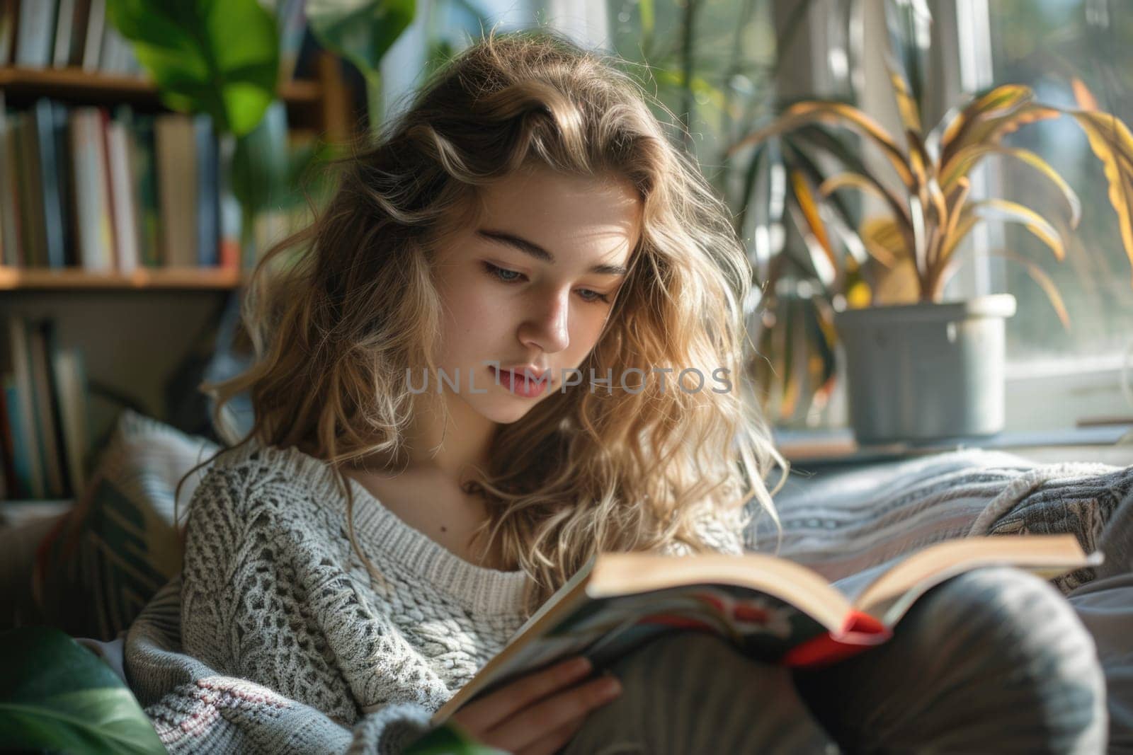 teen girl reading a book at home. ai generated