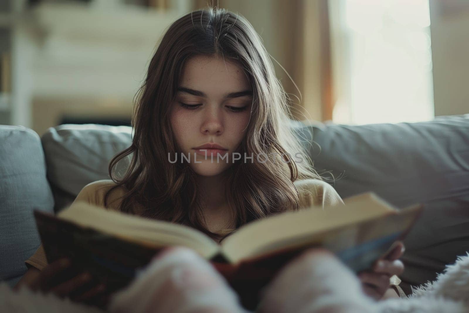 teen girl reading a book at home. ai generated